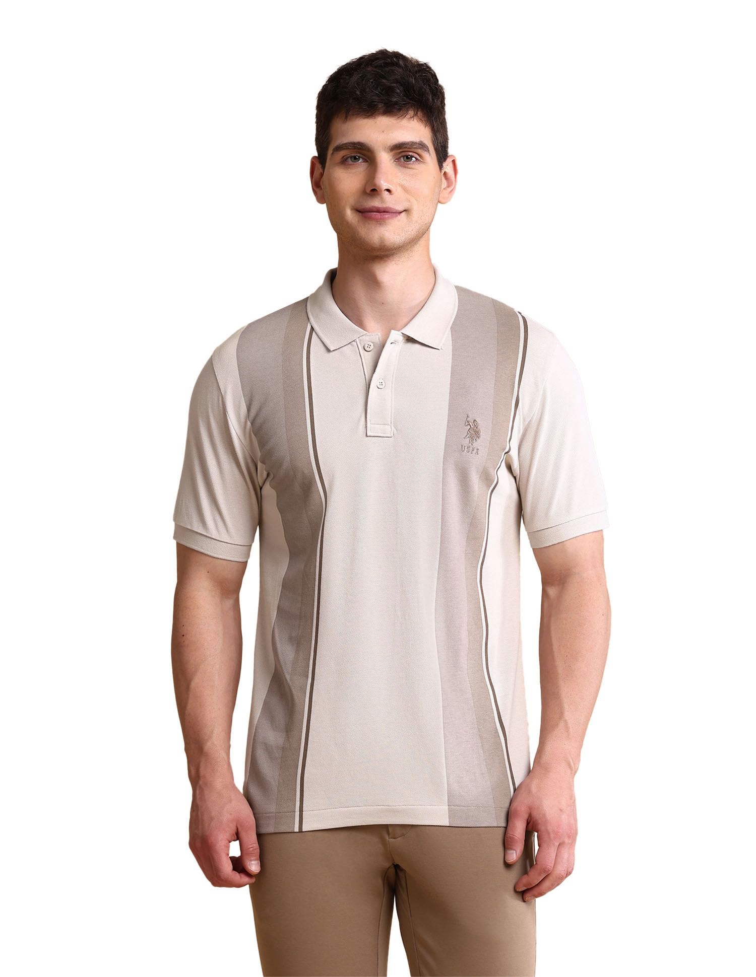 U.S.Polo Association MenS Colourblocked Slim Fit Polo Shirt Beige