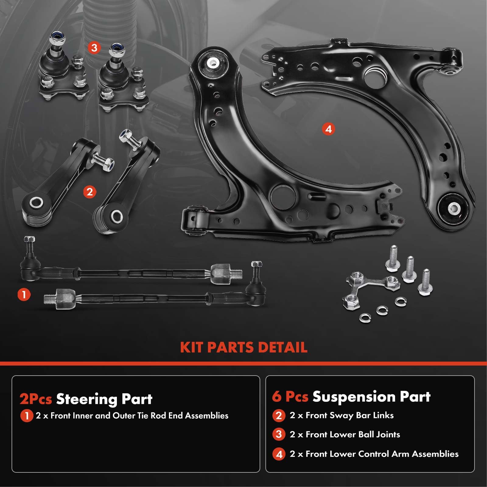A-Premium Set Of 8, Lower Control Arm, Lower Ball Joint, Sway Bar Link, Inner Outer Tie Rod End Compatible With Volkswagen Jetta