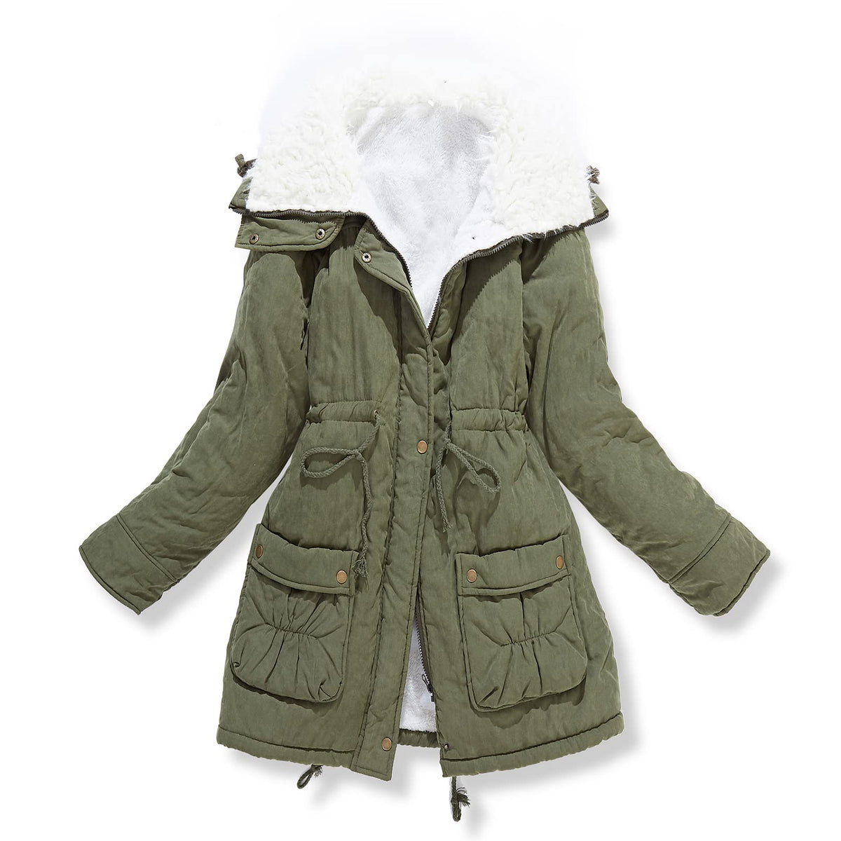 Mewow Womens Winter Mid Length Thick Warm Faux Lamb Wool Lined Jacket Coat (M, Armygreen)
