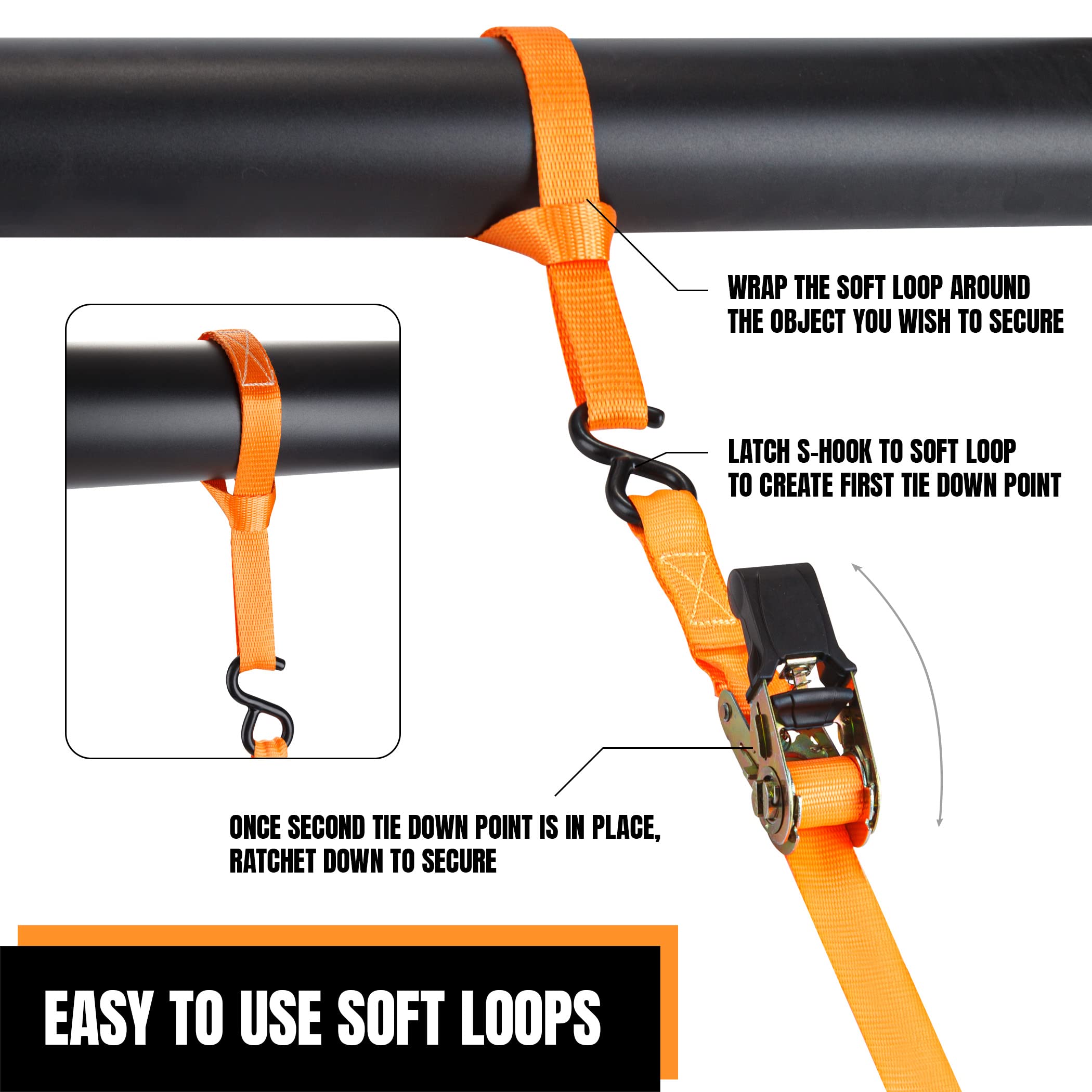 Cartman 1'' X 15' Ratchet Tie Down Up To 1500Lbs 4Pk In Carry Bag, With 18'' Soft Loop Tie-Down Straps & 32'' Bungee Cord