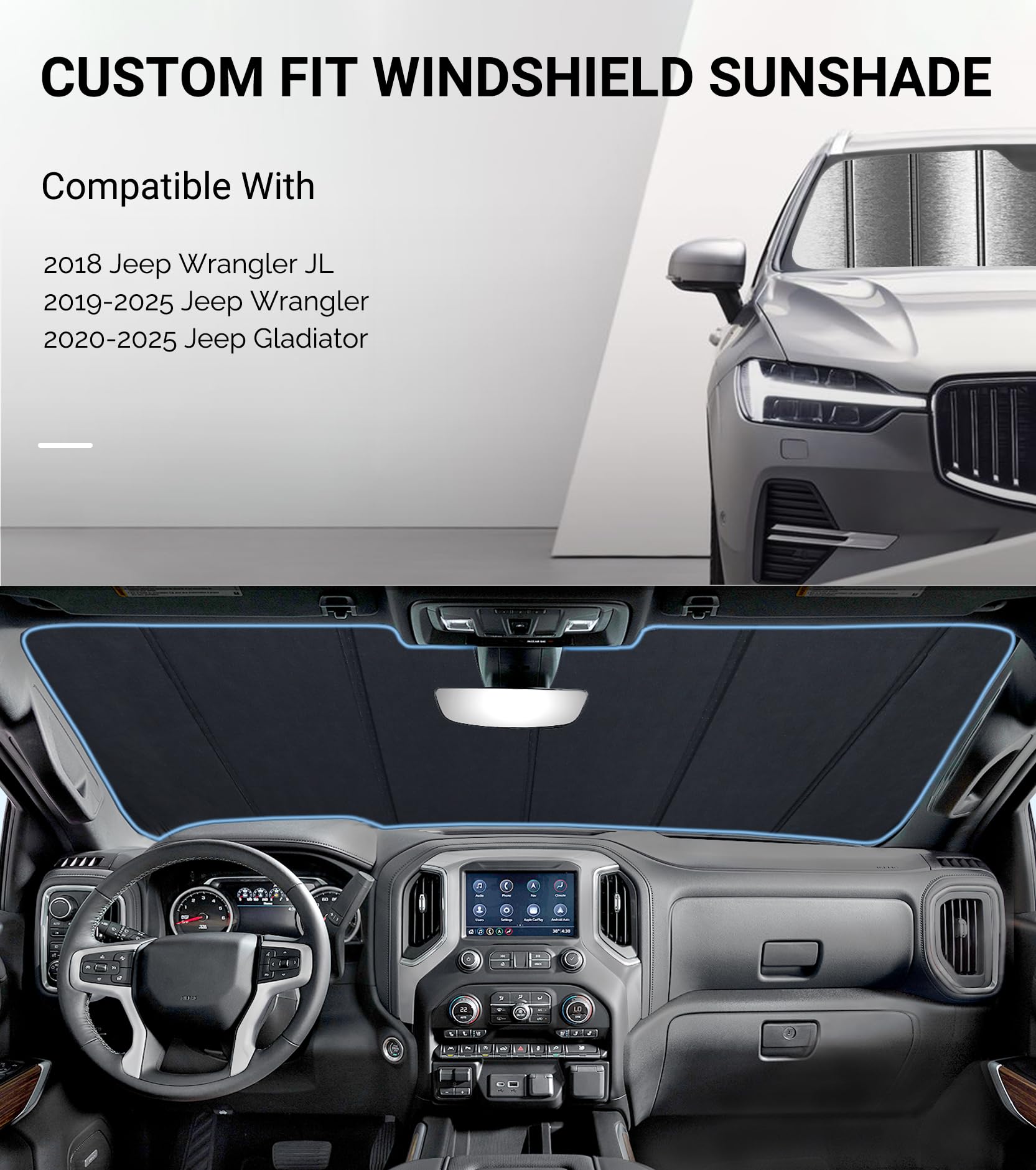 Pigenius Windshield Sunshade For Jeep Wrangler Jl 2018-2025, Gladiator 2020-2025 Front Window Shade- Metallic