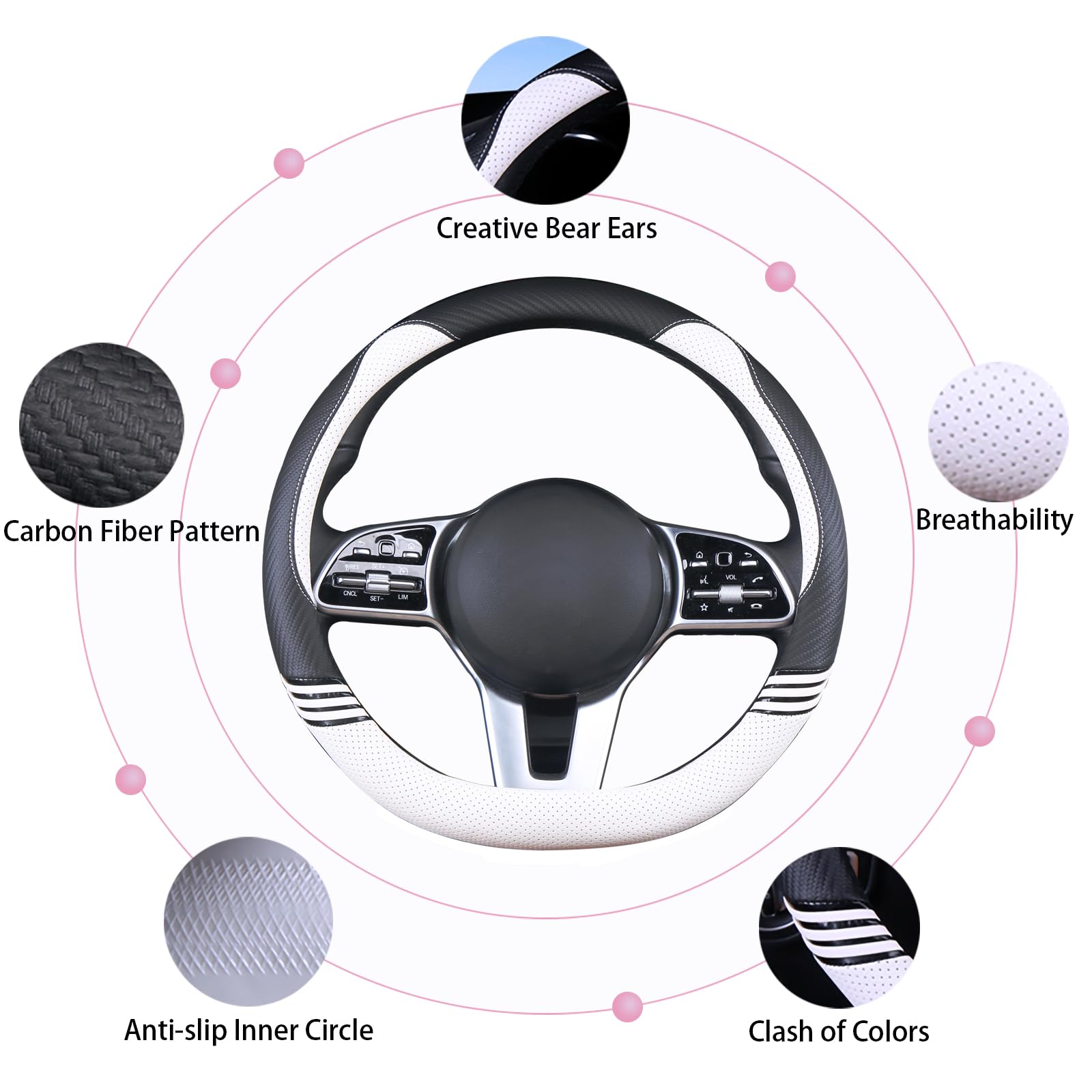 Binsheo Cute Steering Wheel Cover D Shape For Girls Women Universal 15 Inch,Black And White