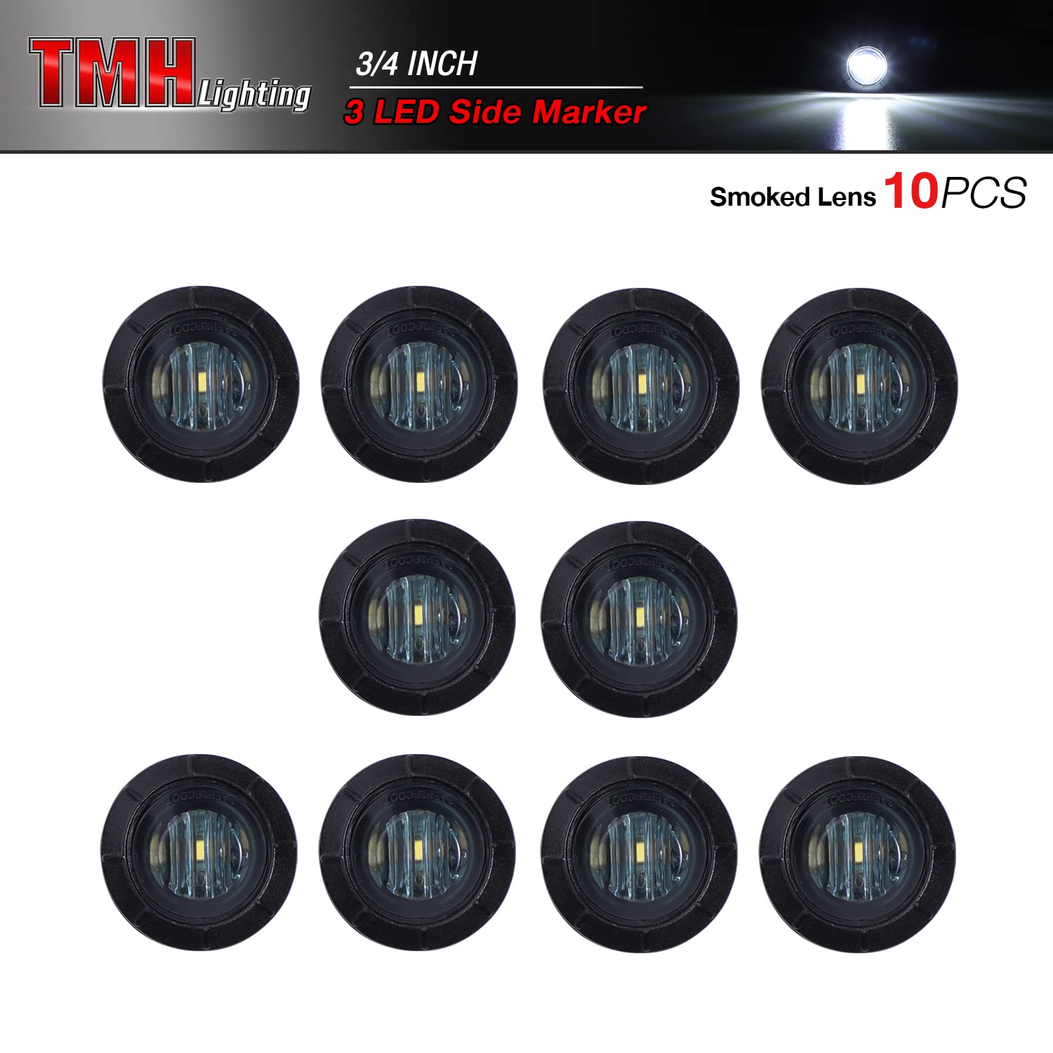 Tmh 10 Pcs 3/4 Inch Mount Smoked Lens & White Light Clearance Markers Side Marker Indicator Lights Mini Round Front Rear 3 Led F