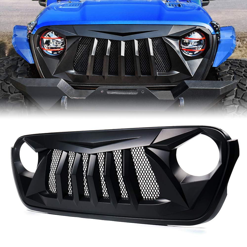 Xprite Matte Black Front Grille Grid Grill w/Mesh Compatible with 2018-2024 Jeep Wrangler JL&2020+ Gladiator JT - Black Widow Se