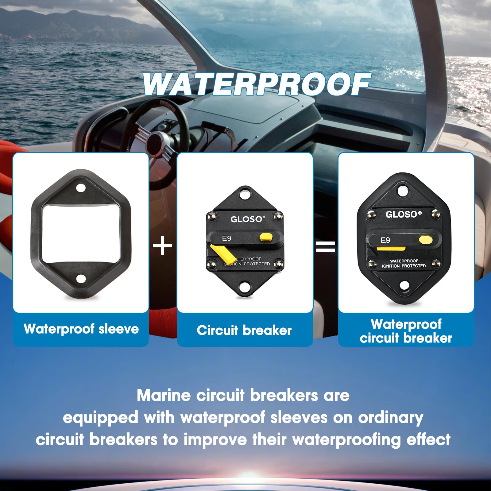 Gloso E96 Panel Mount Waterproof Ip67 Marine Auto Truck Hi-Amp With Gasket Circuit Breaker (1/4'' Stud-150A)