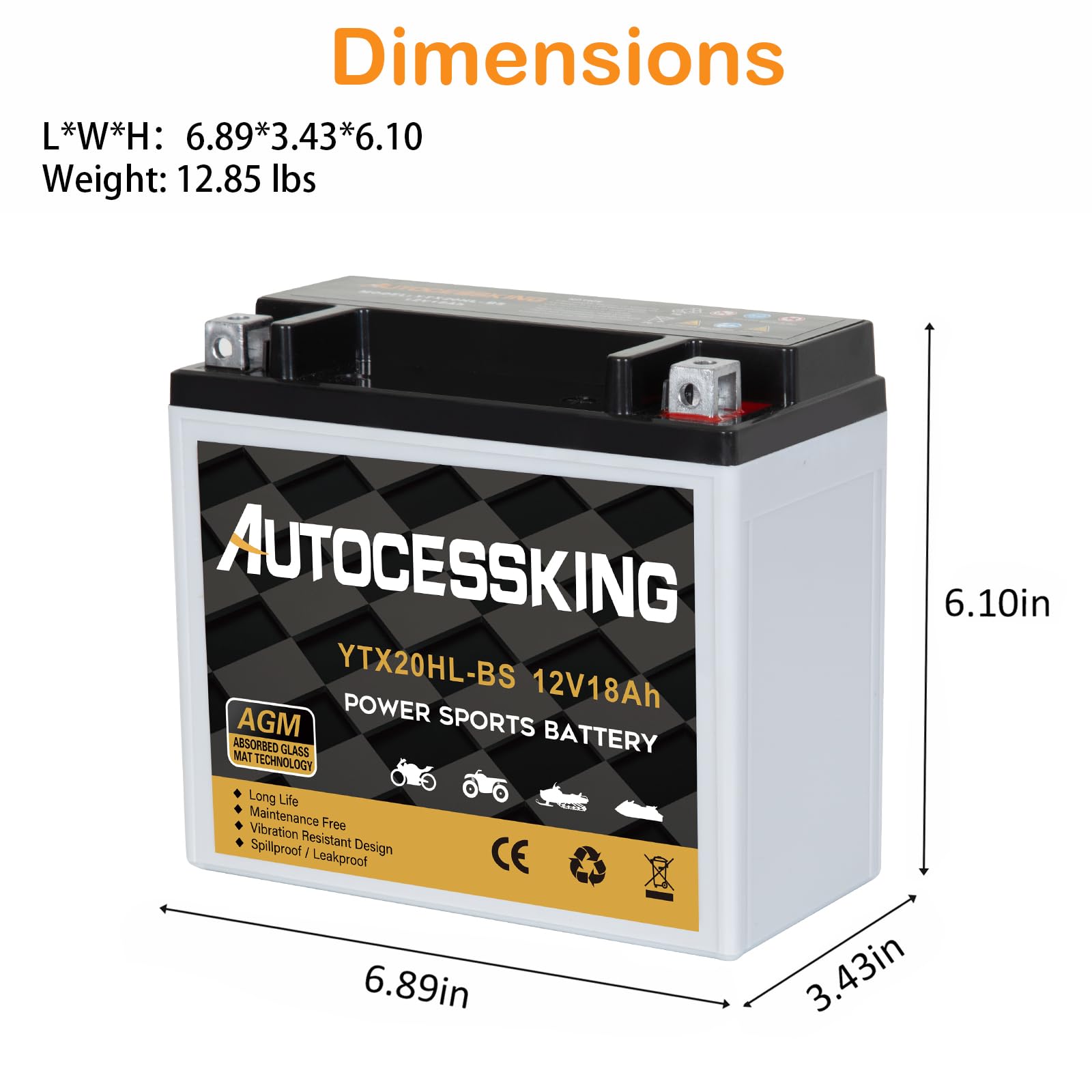 Autocessking Ytx20Hl-Bs Motorcycle Battery, 12V 18Ah Rechargeable Maintenance Free Sealed Agm Battery Powersport Replacement Bat
