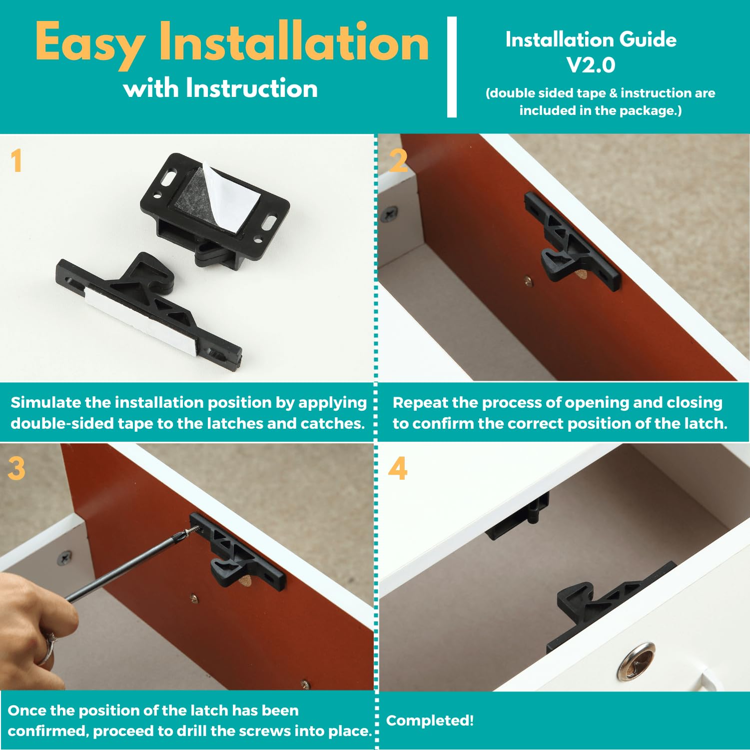 ACIMONE RV Drawer Latches 4 Pack - 10 LBS Pull Force, Black ABS, Includes Mounting Screws & Double-Sided Tape