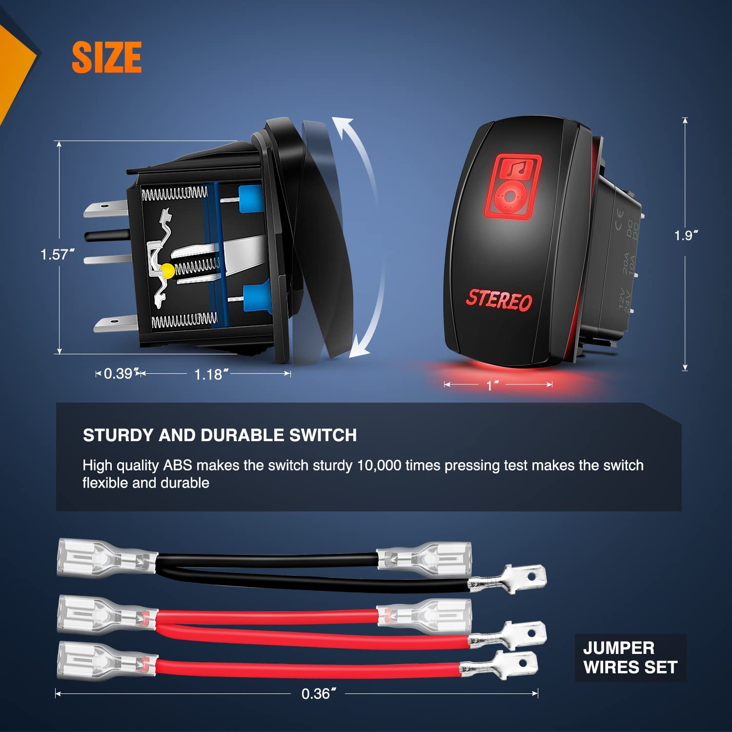 Nilight Stereo Rocker Switch Led Light Bar 5Pin Laser On Off SPST switches Red 20A/12V 10A/24V with Jumper Wires Set for Cars Tr