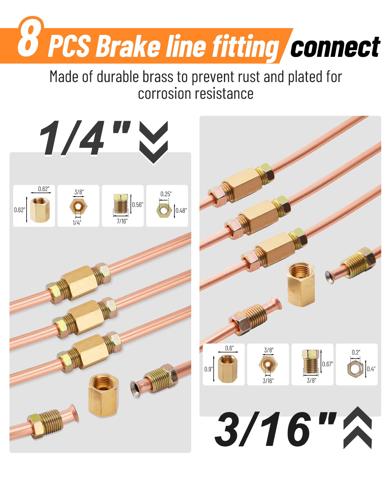 Racewill 25 Ft 3/16' + 1/4' Copper Coated Brake Line Kit (Includes 32 Fittings And 8 Unions)+ Brake Line Double & Single Flaring Tool Kit