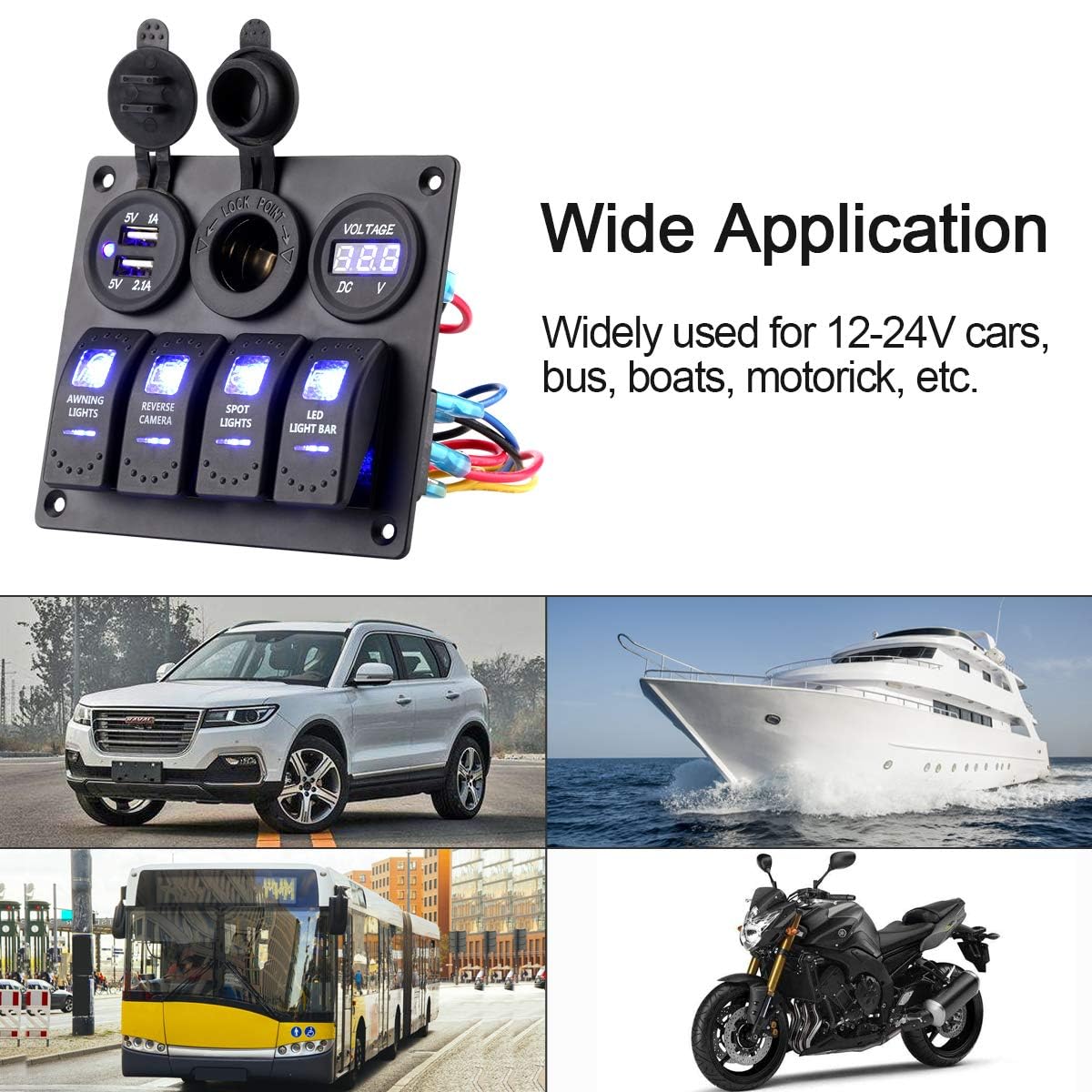 Garfour 2 Pieces Waterproof Boat Rocker Switch Panel Aluminium Panel With 12V Voltmeter 3.1A Dual Usb Cigarette Lighter Socket 4