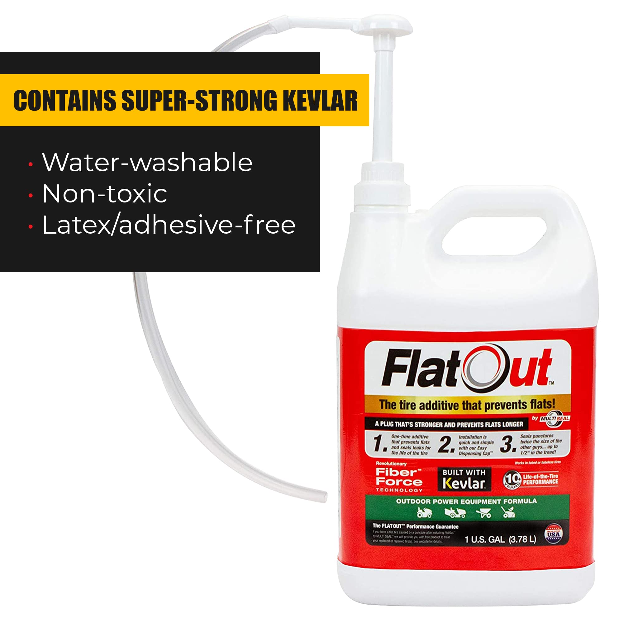 Flatout Off Road Tire Sealant, Outdoor Power Equipment Formula With Valve Core Tool, Prevents Flat Tires, Fix A Flat Tire, Seals Leaks, Contains Kevlar, 1 Gallon