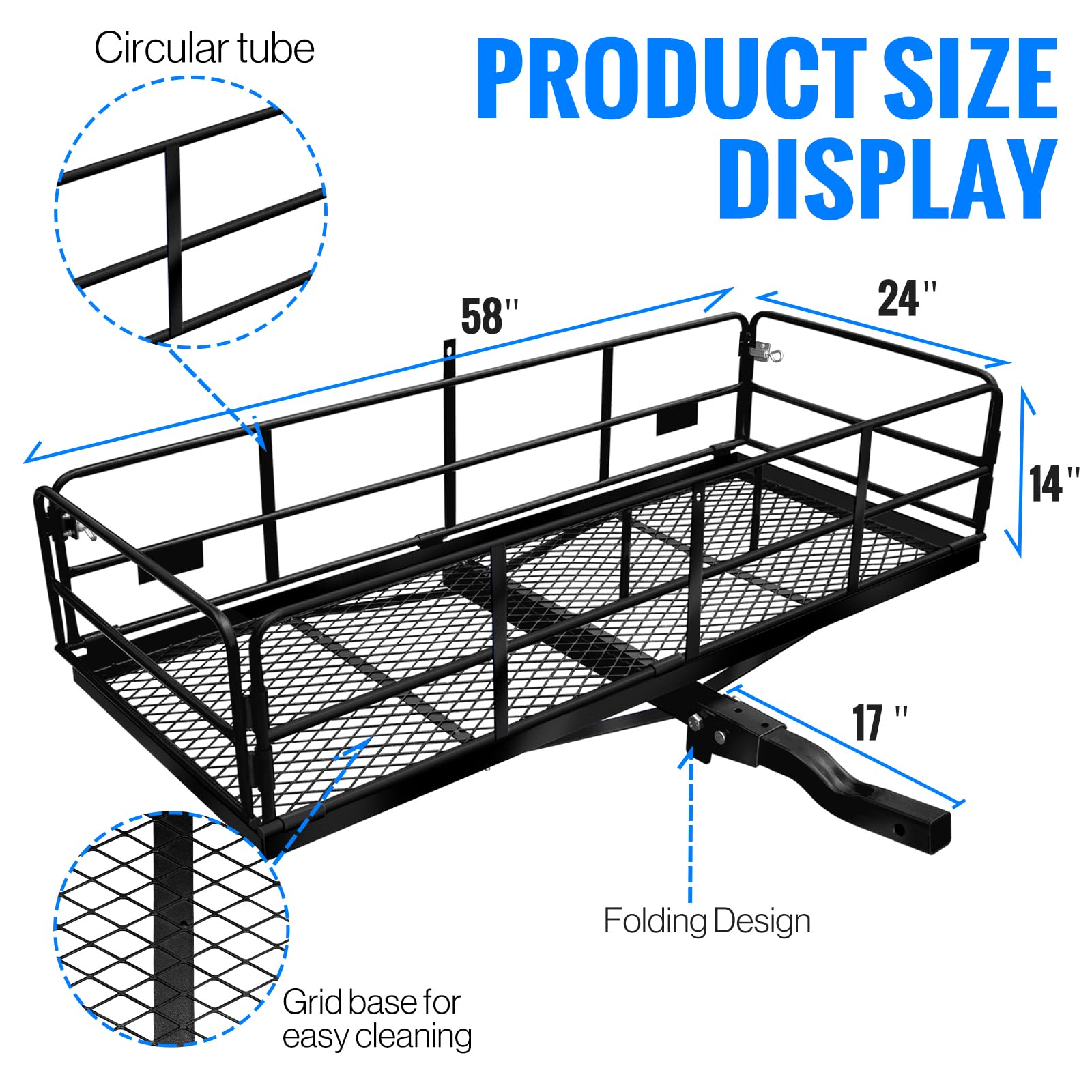 LWTURMRT Trail Hitch Mount Cargo Carrier Basket 58 x 24 x 14 Folding Vehicle Cargo Baskets Fits 2 Receiver with 2 Hitc