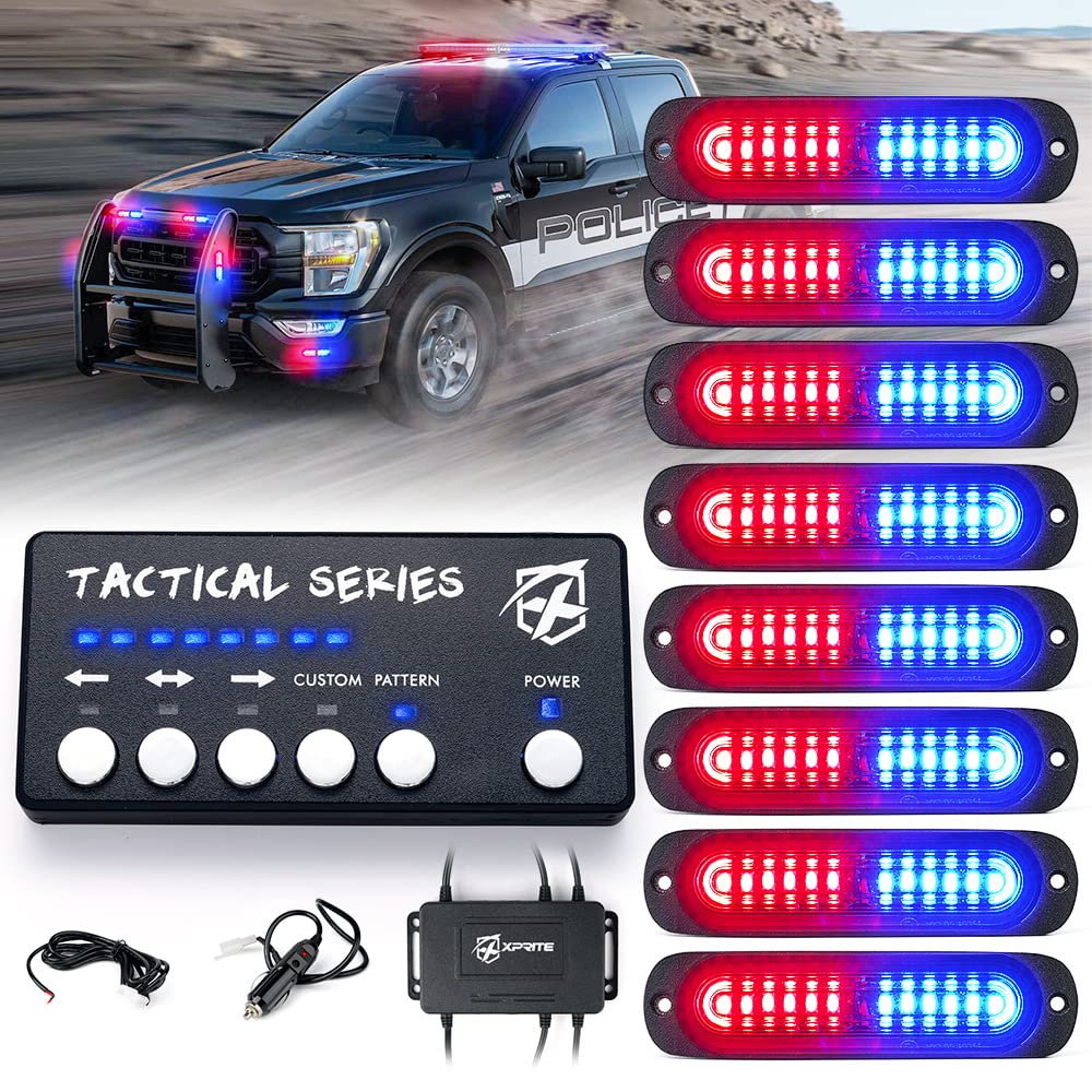 Xprite Red Blue Led Surface Mount Strobe Police Lights Kit, W/Control Panel Emergency Safety Warning Flashing Grille Cop Marker