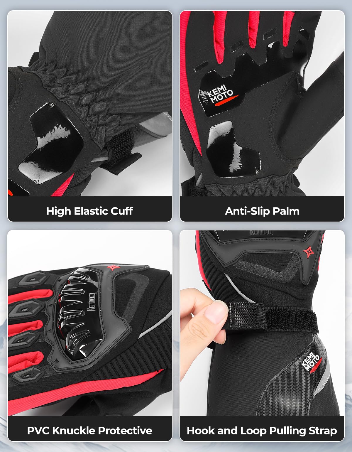 Kemimoto Winter Motorcycle Gloves, Rainproof Riding Gloves With Touchscreen, Motorcycle Winter Gloves For Men, Warm Motorcycle Gloves For Riding, Atv, Utv, Snowmobile - Red, Medium