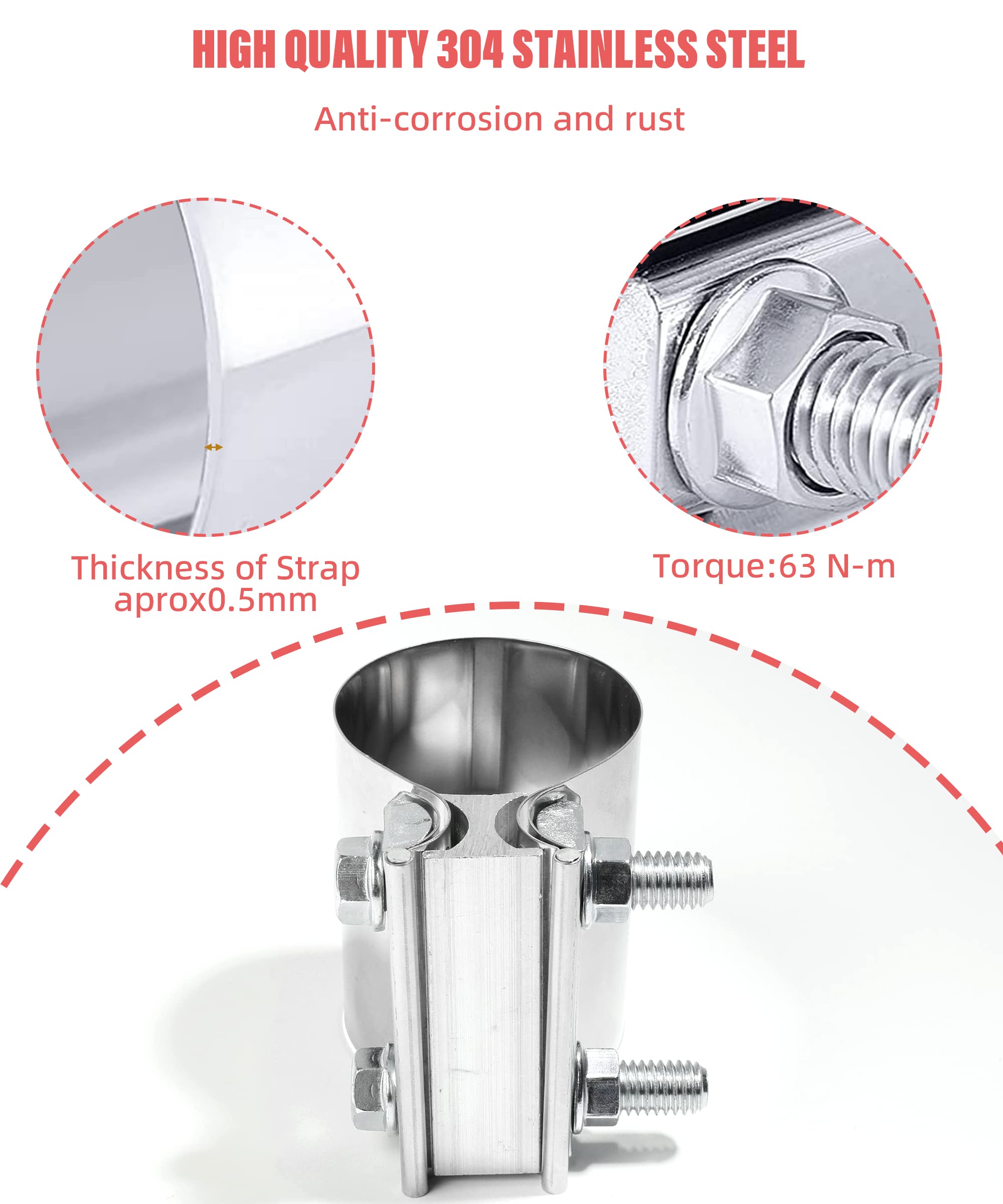 Zlirfy Exhaust Clamp Exhaust Pipe Clamp,2.0    2.25    2.5    2.75    3.0    4.0    Butt Joint Stainless Steel Clamp Band,Univer