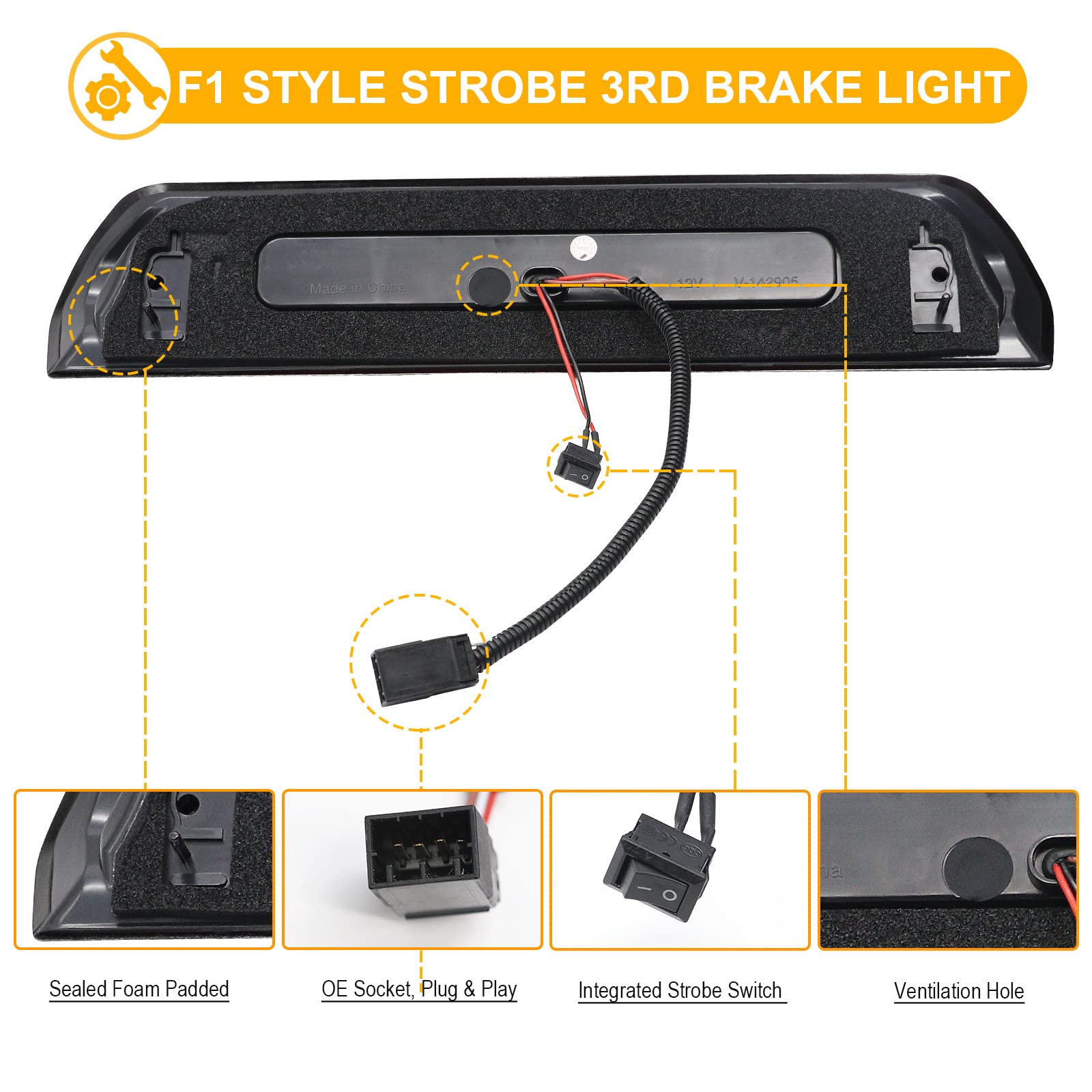 R&F Auto Led Smoked Lens High Mount Brake Light Replacement For Ram 1500 2500 3500 (2002-2008), For Ram 2500 3500 (2009) Roof Ca