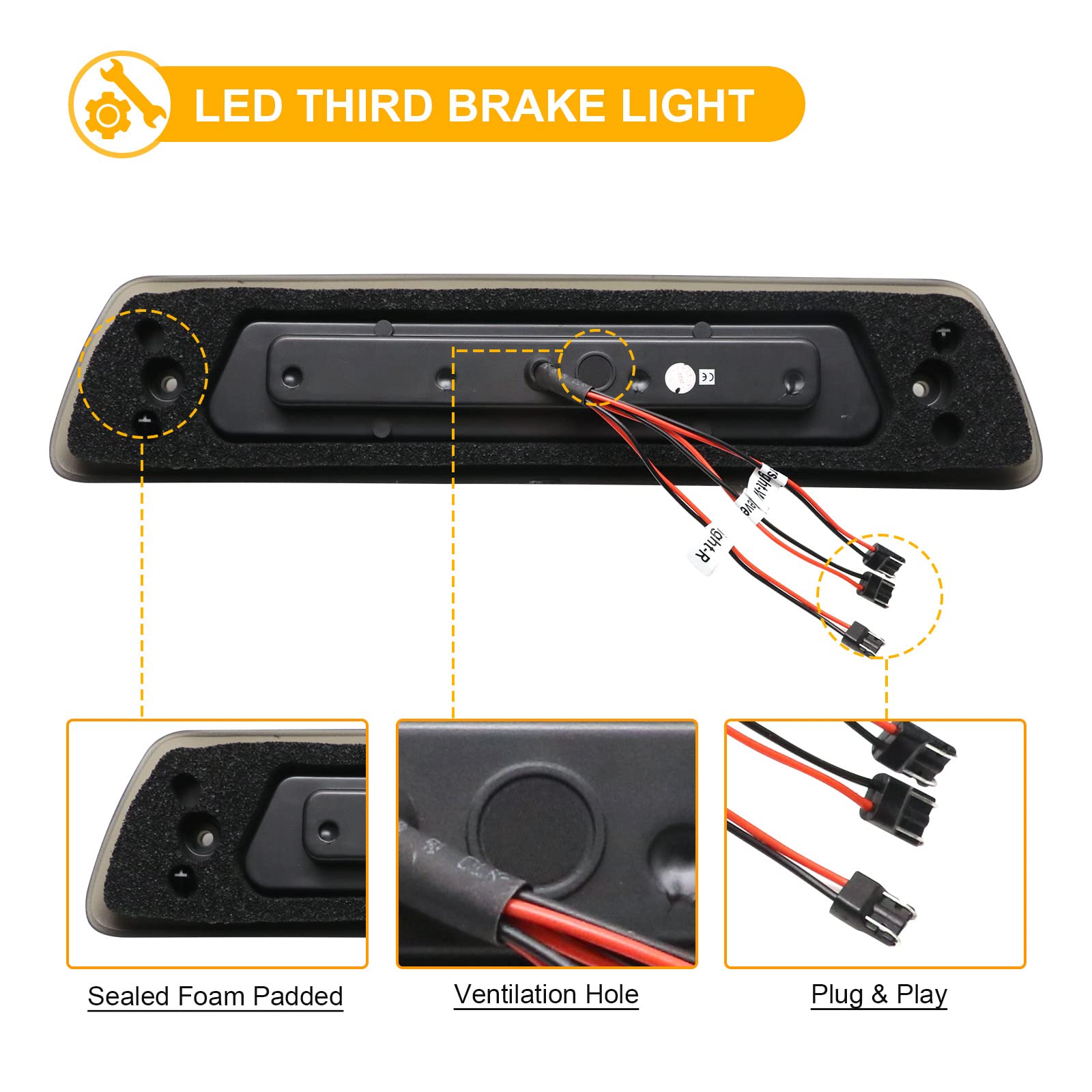 R&F Auto Led Smoked Lens Third Brake Light Replacement For F150 (2009-2014) High Mount Stop Lamp Tail Rear Cab Roof Cargo Lights With Seal Foam Gaskets