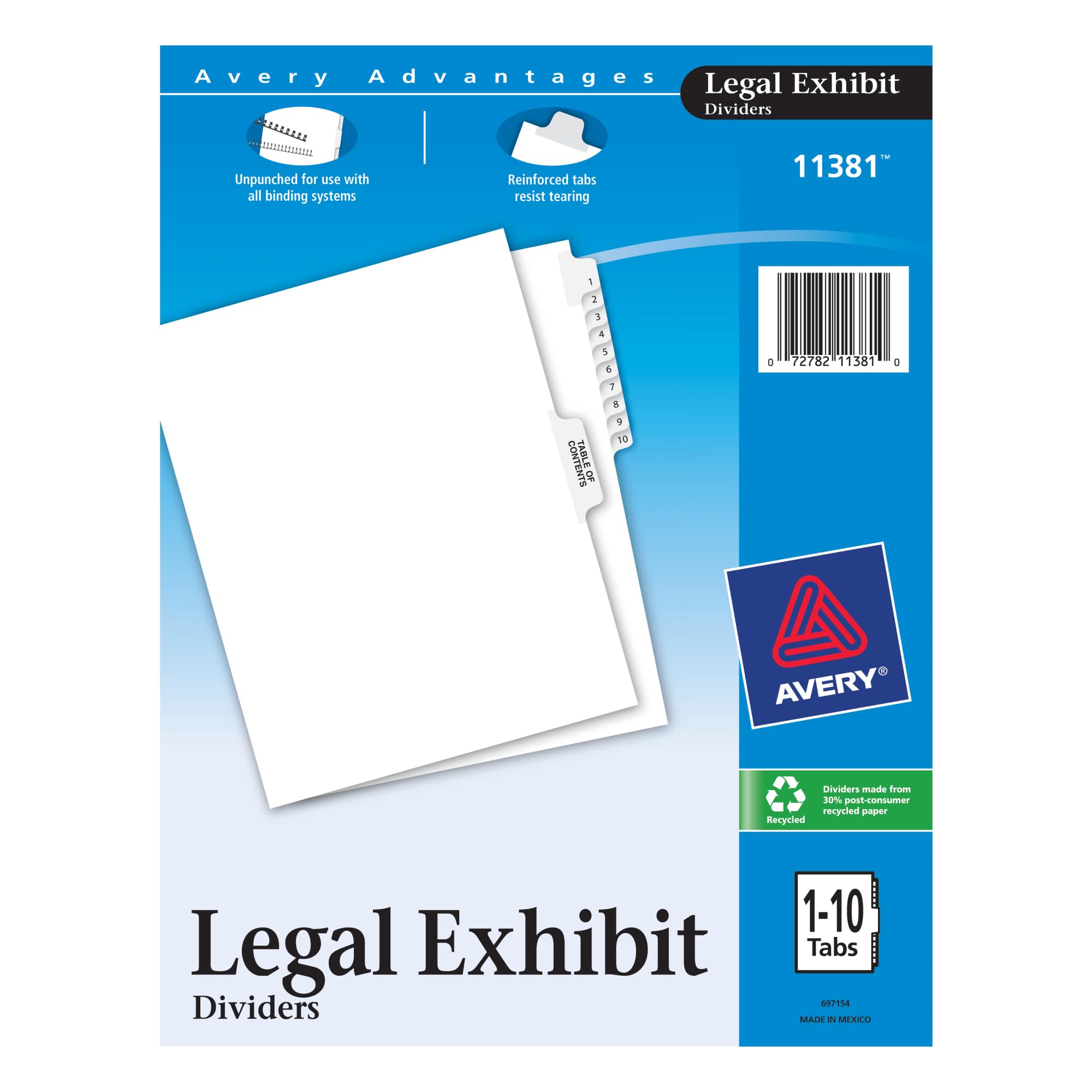 Avery20% Recycled Avery-Style Premium Collated Legal Index Exhibit Dividers, Side-Tab, 1-10 + Toc, 8 1/2'' X 11''