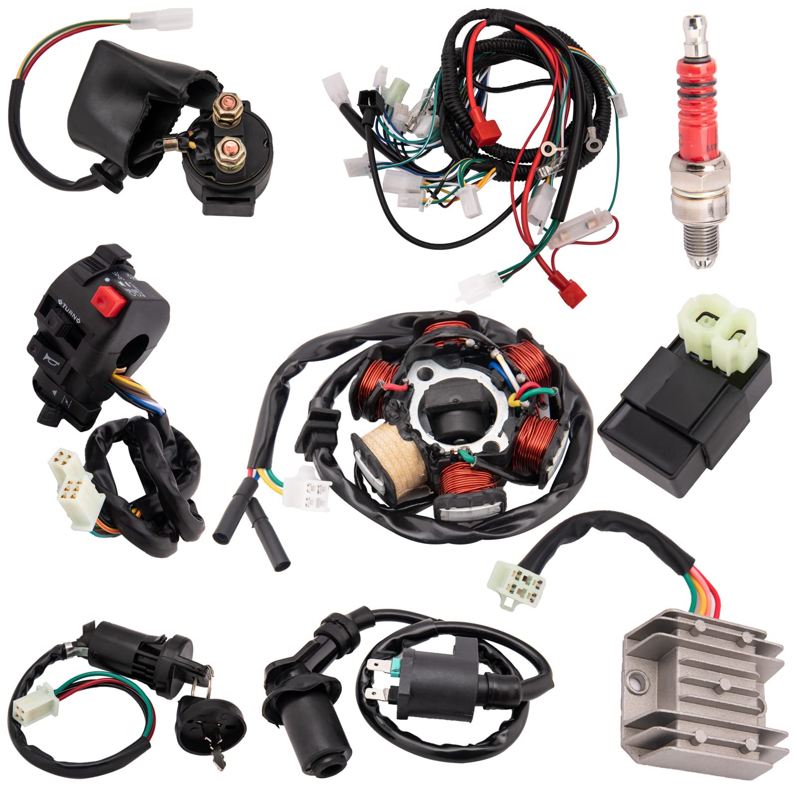 HOOTO Complete Wiring Harness Kit for ATV Quad 50cc-125cc, Black - Includes Stator, CDI, Solenoid, Relay, Spark Plug, Lead