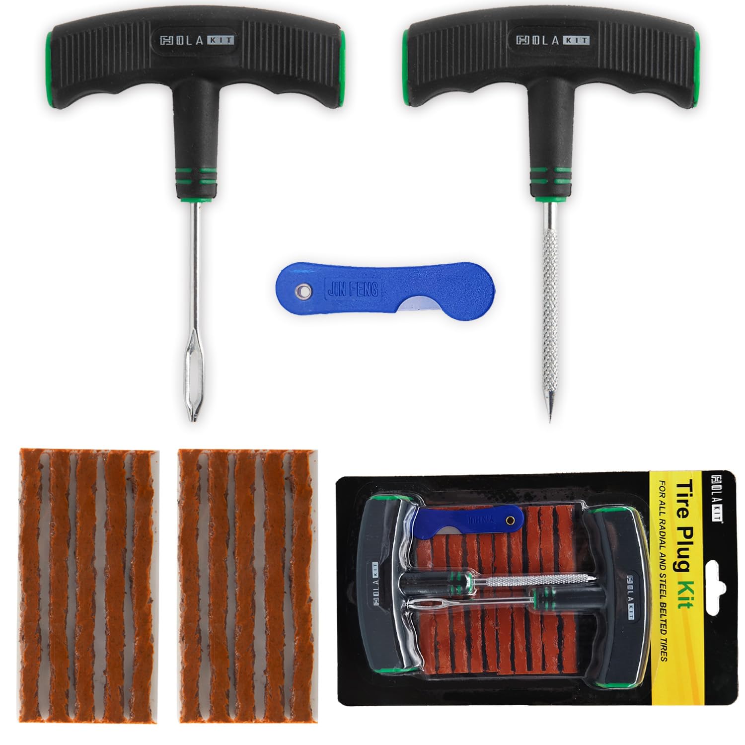 Holakit Tire Plug Kit, 13Pcs Tire Repair Kit With Self-Vulcanizing Plugs, Ergonomic Oversized & Rubber-Grip T-Handle Tools, Flat