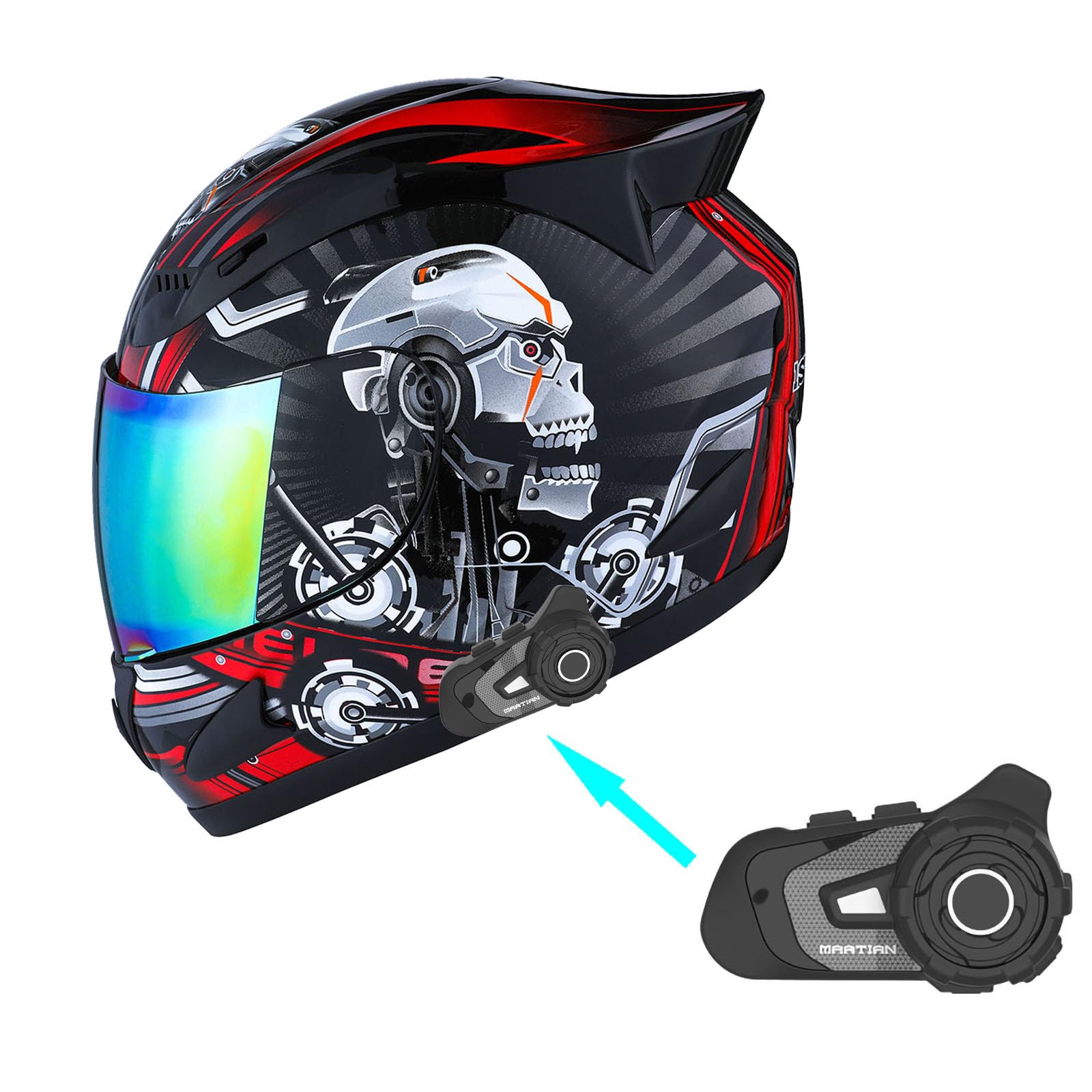 1Storm Motorcycle Bike Full Face Helmet Mechanic + Motorcycle Bluetooth Headset: Skull Red
