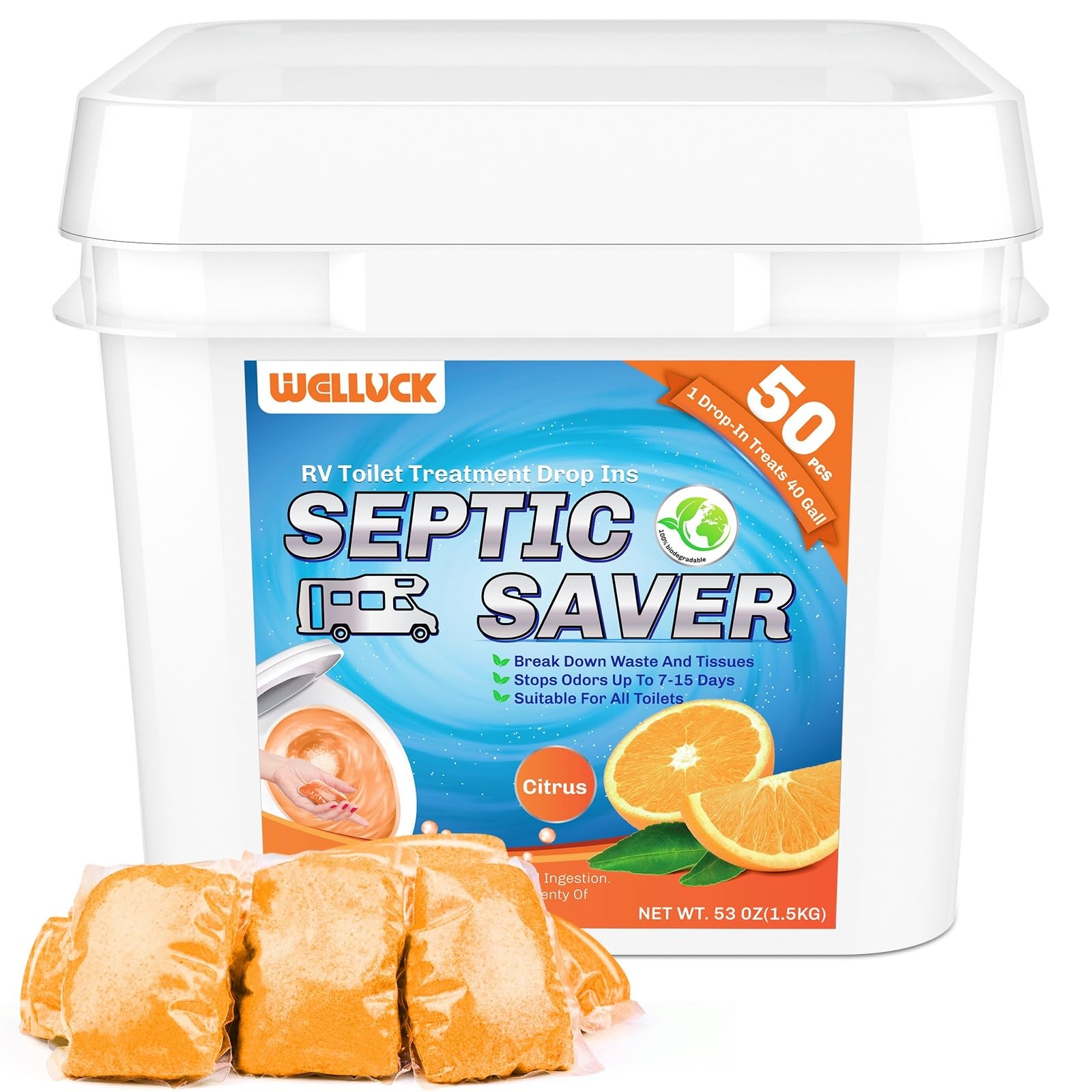 Welluck 50 Packs Rv Toilet Treatment Drop Ins, Black Tank Deodorizer For Camper, Marine Portable Toilet, Break Down Waste And Ti