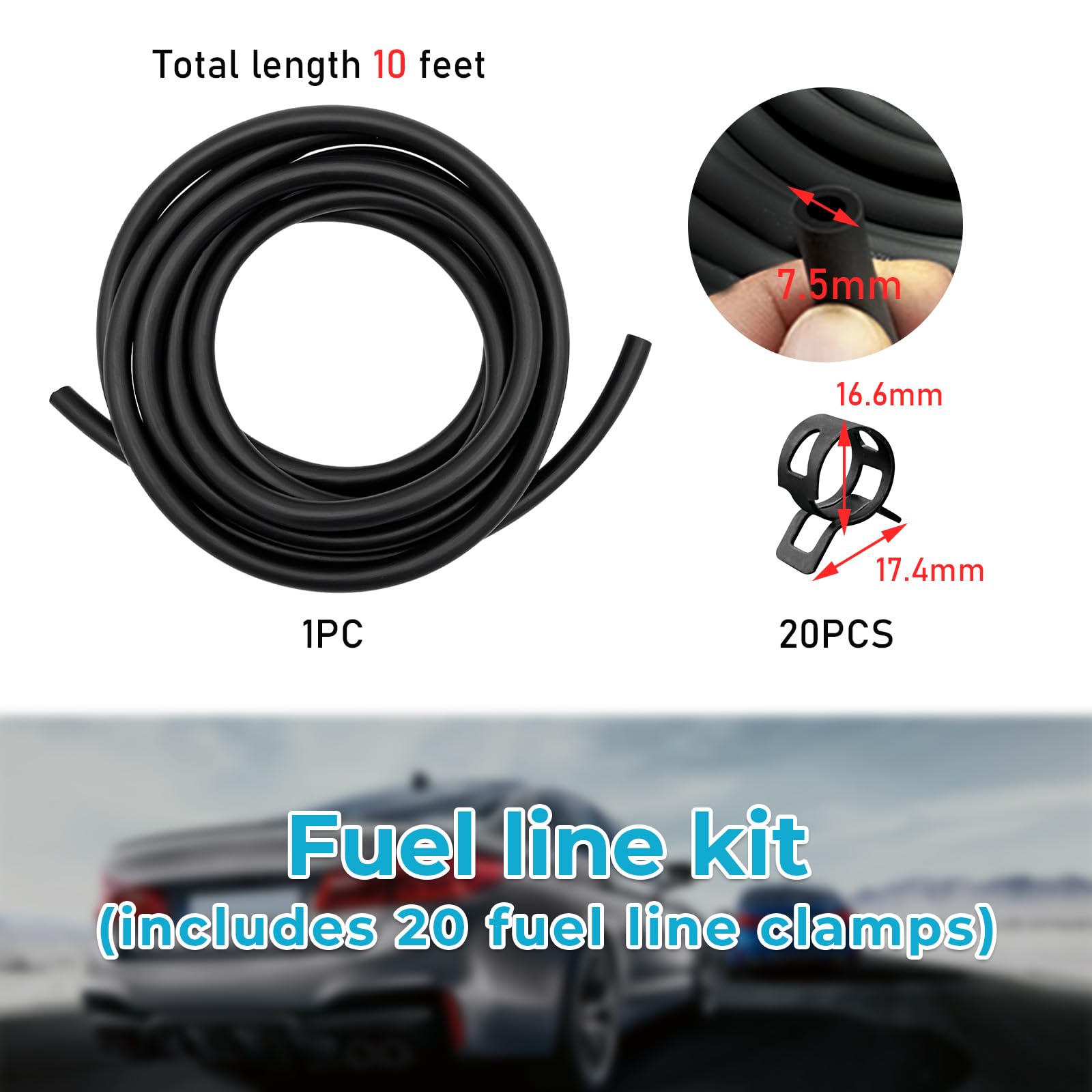 Augeny 10 Feet 1/4 Inch ID Fuel Line Hose with 20PCS 2/5'' Hose Clamps, Rubber Stretchy Fuel Line Kit for Motorcycle Small Disel