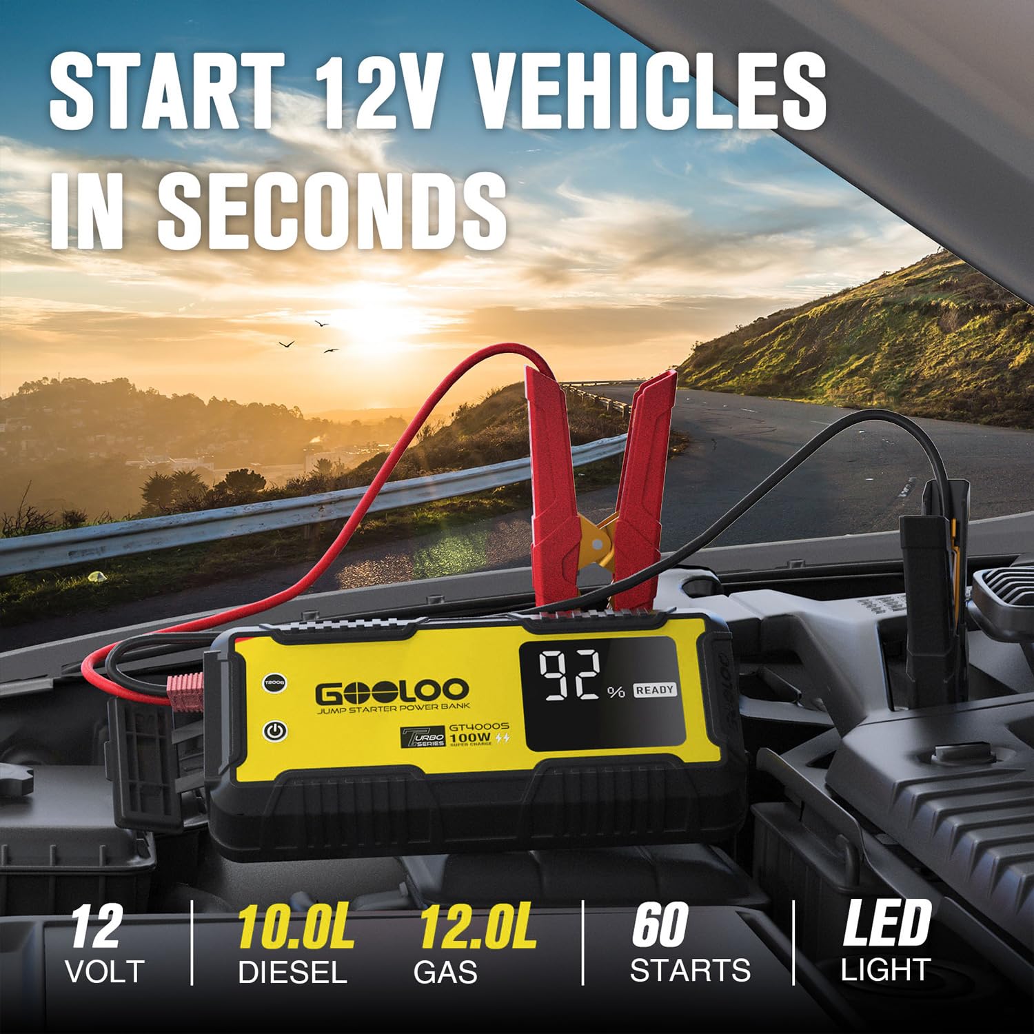 Gooloo Gt4000S Jump Starter 4000A Car Jumper Starter (Up To 10L Diesel 12L Gas Engines), 100W Fast-Charging Lithium Jump Box, Supersafe Portable Car Battery Charger Power Bank For 12V Vehicles, Yellow