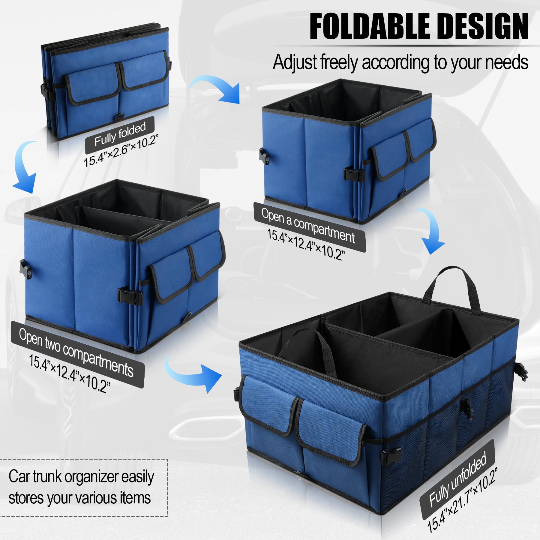 UYYE Auto Collapsible Trunk Organizer, 3 Large Compartments and 6 Pockets Durable for Cargo Storage, Easy to Storage Tools With