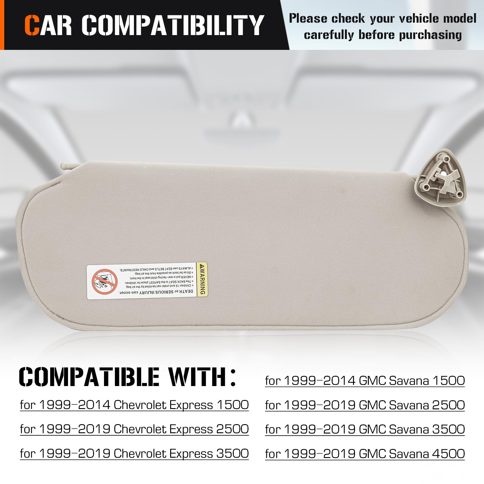 Sun Visor for 1999-2014 Chevy Express & GMC Savana 1500, 1999-2019 2500 3500 4500, Right Passenger Side Cream-Grey Sunvisor Repl