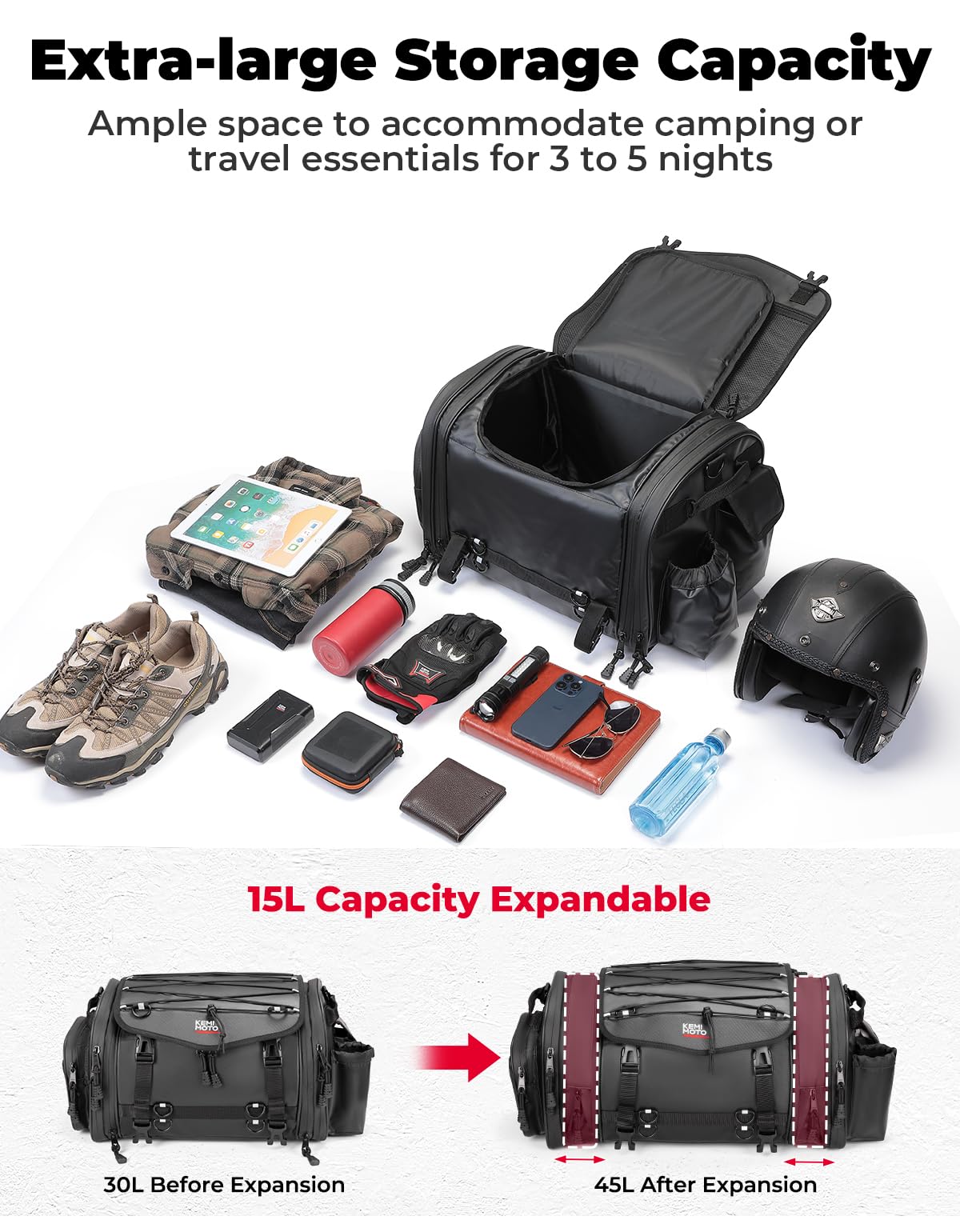 KEMIMOTO Motorcycle Tail Bag, Dual Use Motorcycle Rear Seat Bag with Waterproof Rain Cover, 45L Expandable Motorbike Helmet Bag