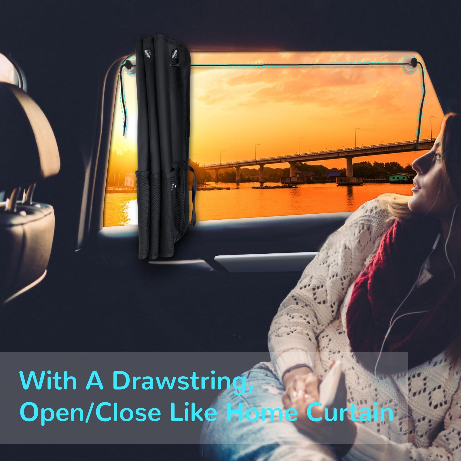Car Sun Shade Side Window, 2 Pcs Blackout Car Window Shade for Baby Privacy with Storage Net Pockets Car Curtains 7 Suction Cups