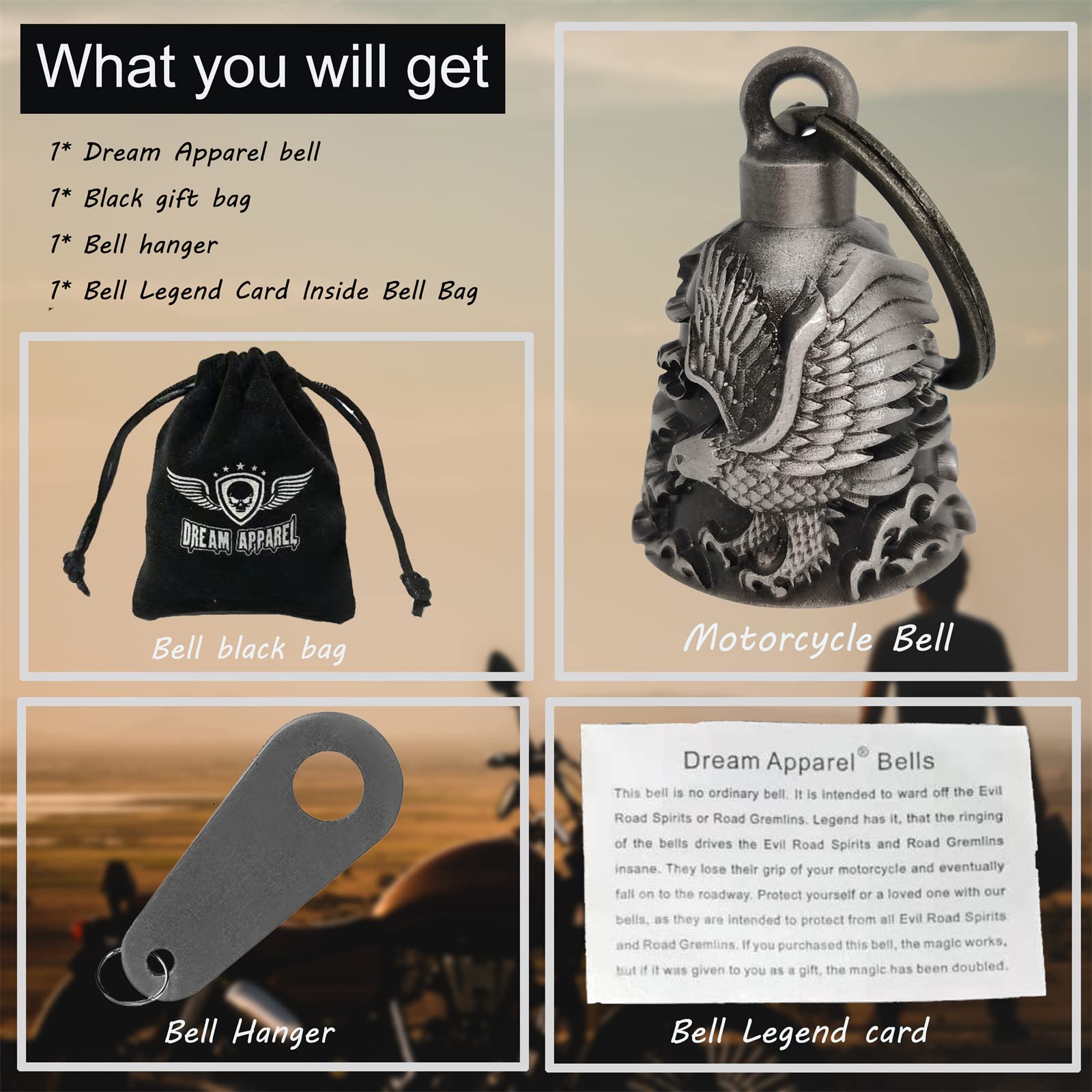 Dream Apparel Motorcycle Ride Bell For Bikers,Heavy Spirit Bells Accessory And Key Chain For Luck (Dbl5-L Eagle)