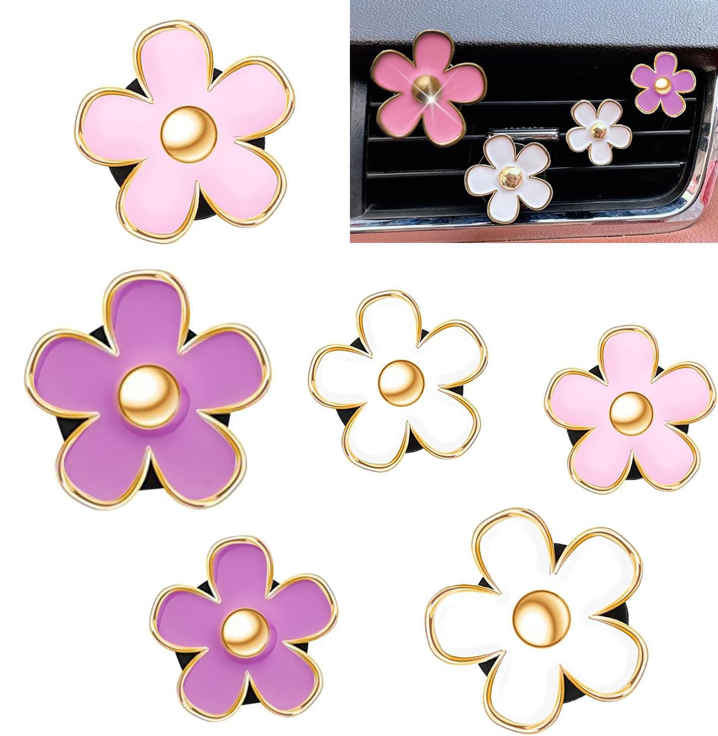 6 Pack Colorful Daisy Flower Car Air Vent Clips Car Air Outlet Freshener Clip For Car Interior Decoration Accessories (White, Pi