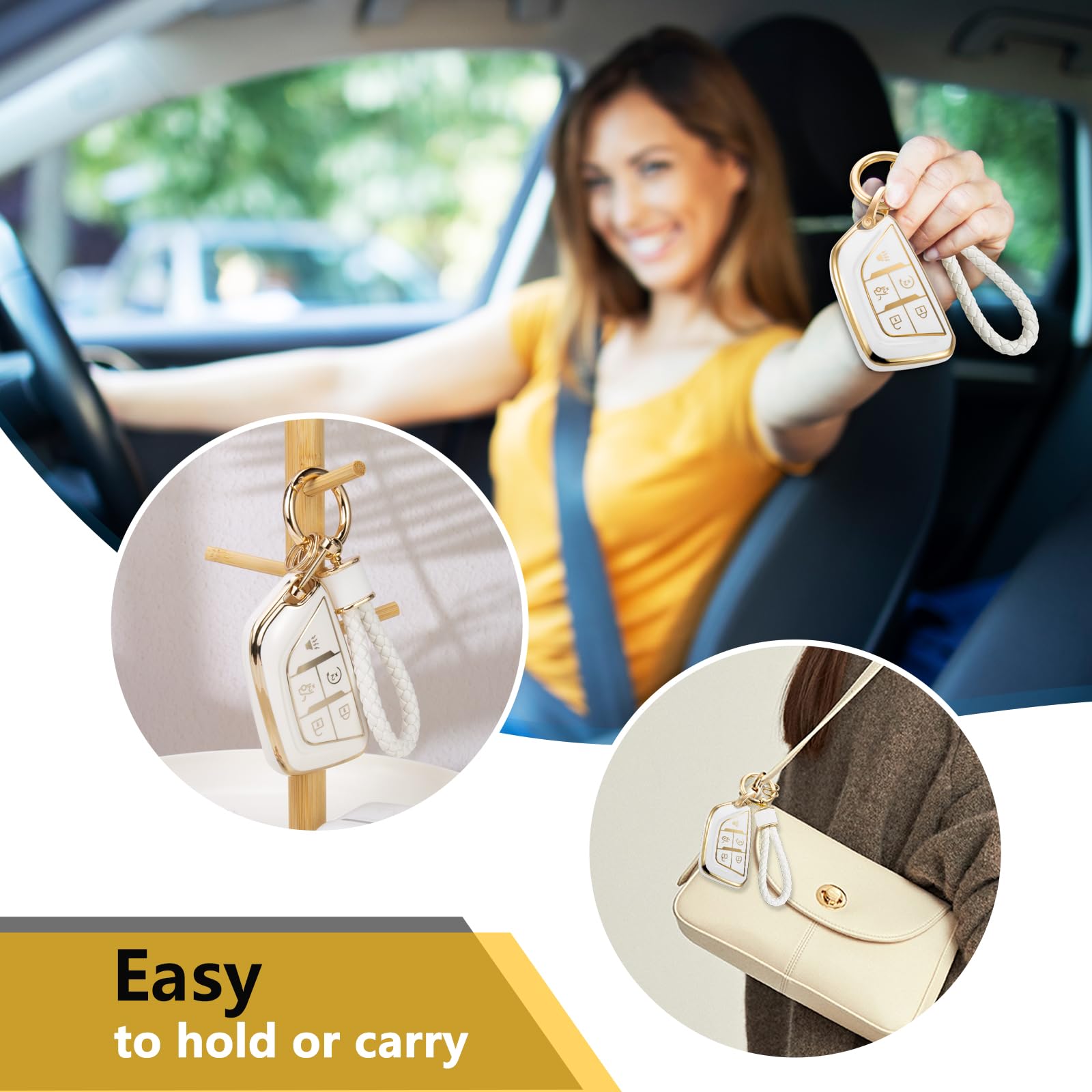 Ctrinews For Cadillac Key Fob Cover With Metal Braided Rope Keychain, Upgraded Soft Case For 2020-Up Ct4 Ct5 Ct6 Xts Xt4 Xt5 Ats