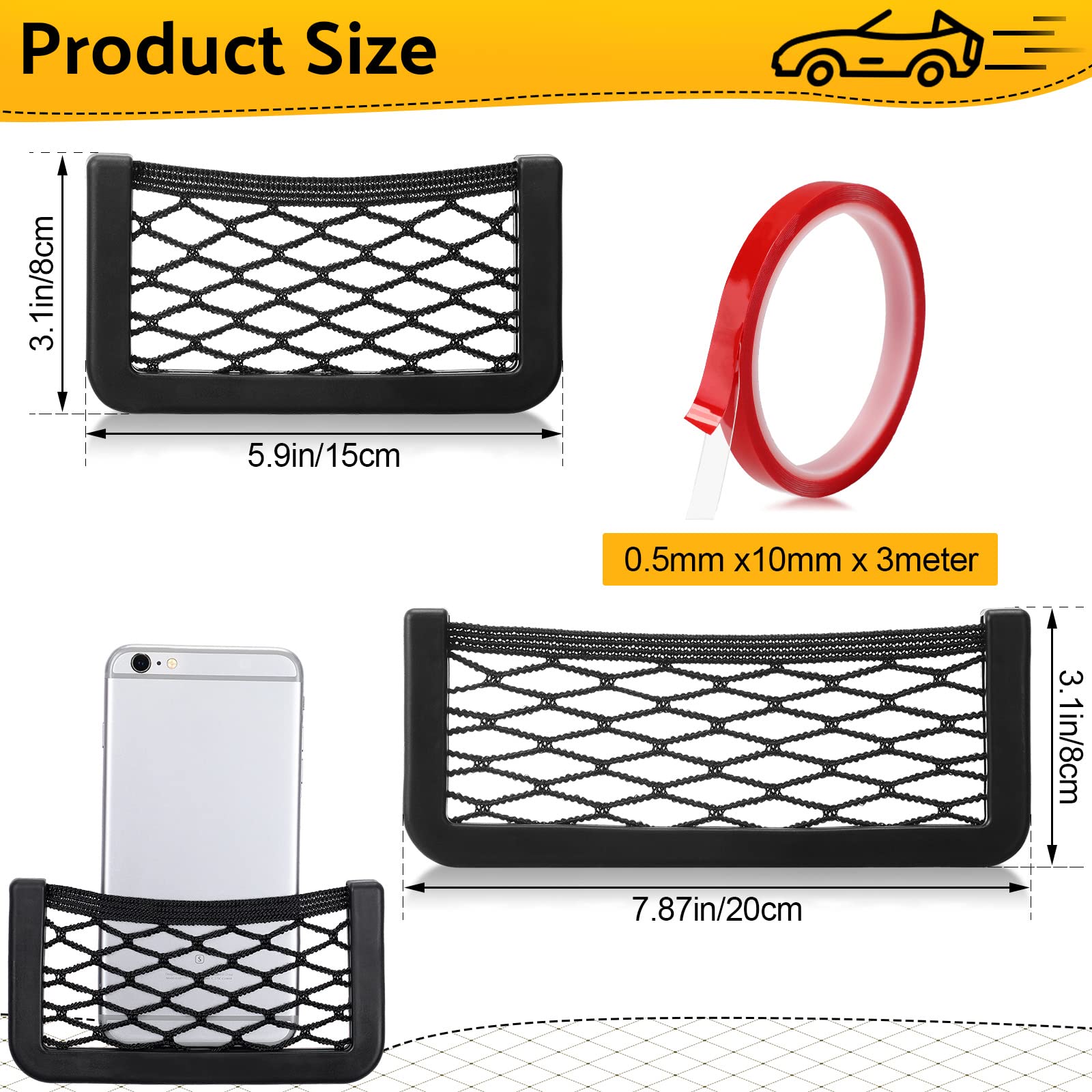 10 Pcs 2 Sizes Car Pocket Phone Nets, Universal Seat Side Back Car Storage Net Bag With Double Sided Tape Mesh Phone Holder Organizer Automotive Net Interior Accessories Stick On For Purse Phone Bag