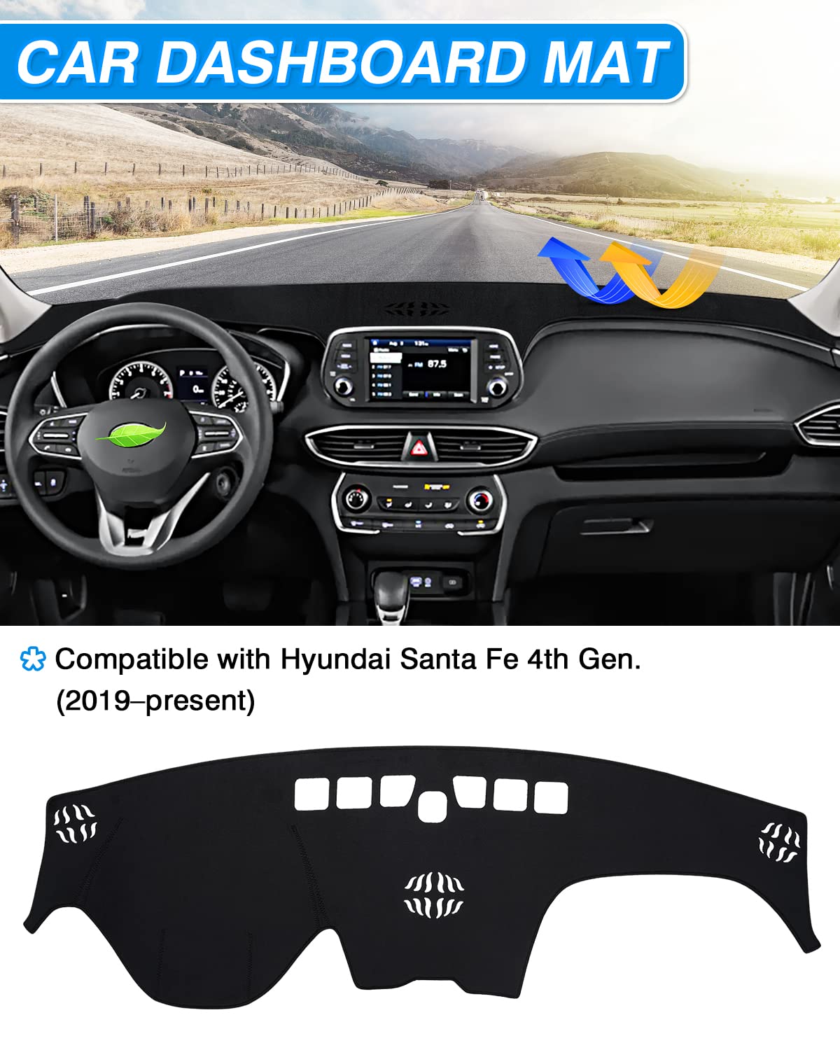 Cartist Dashboard Cover Custom Fit for Hyundai Santa Fe 2019 2020 2021 2022 2023 Accessories Dash Cover Mat Pad Black (Without H