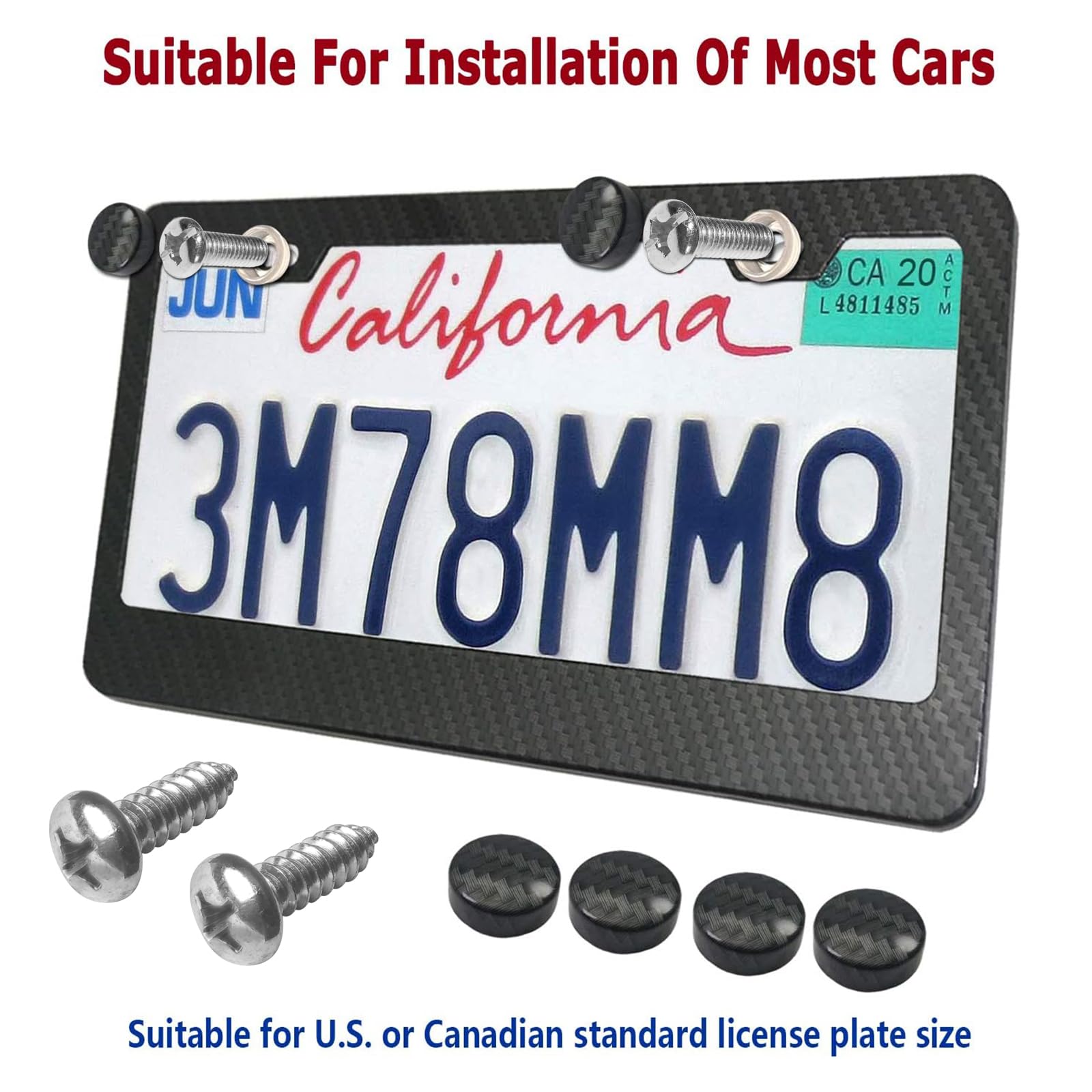 Youoy Carbon Fiber License Plate Frame- Black Aluminum Auto Car Tag Cover, 2 Pack Heavy Duty Holder For Us Front Rear Plate, Wit