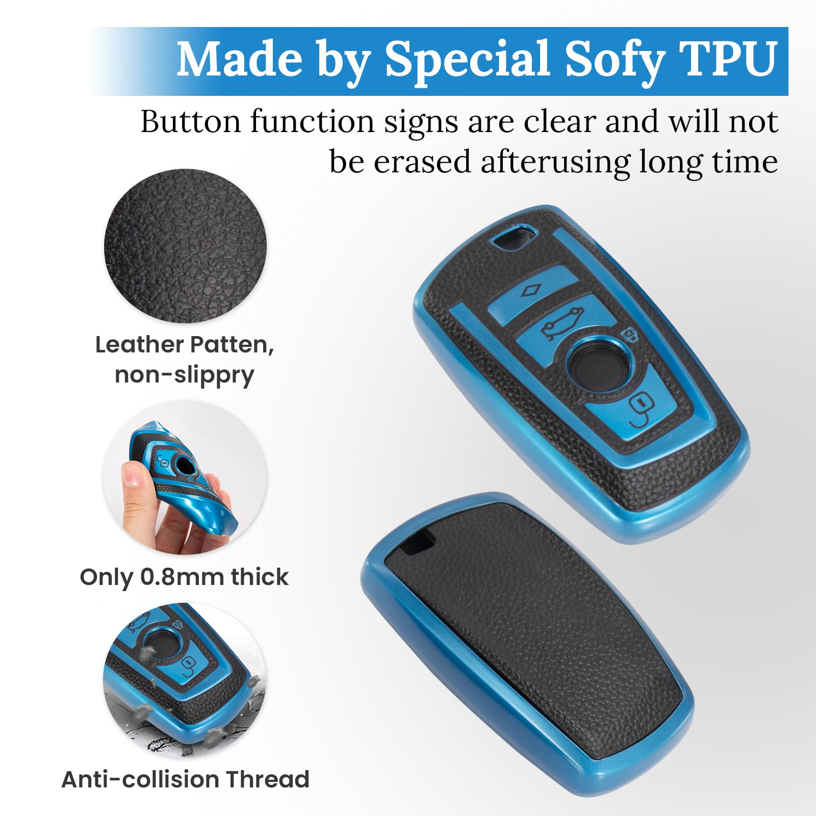 Ctrinews For Bmw Key Fob With Leather Keychain, Advanced Soft Tpu Surface Grain Key Fob Cover For Classic Style Bmw Smart Key (B