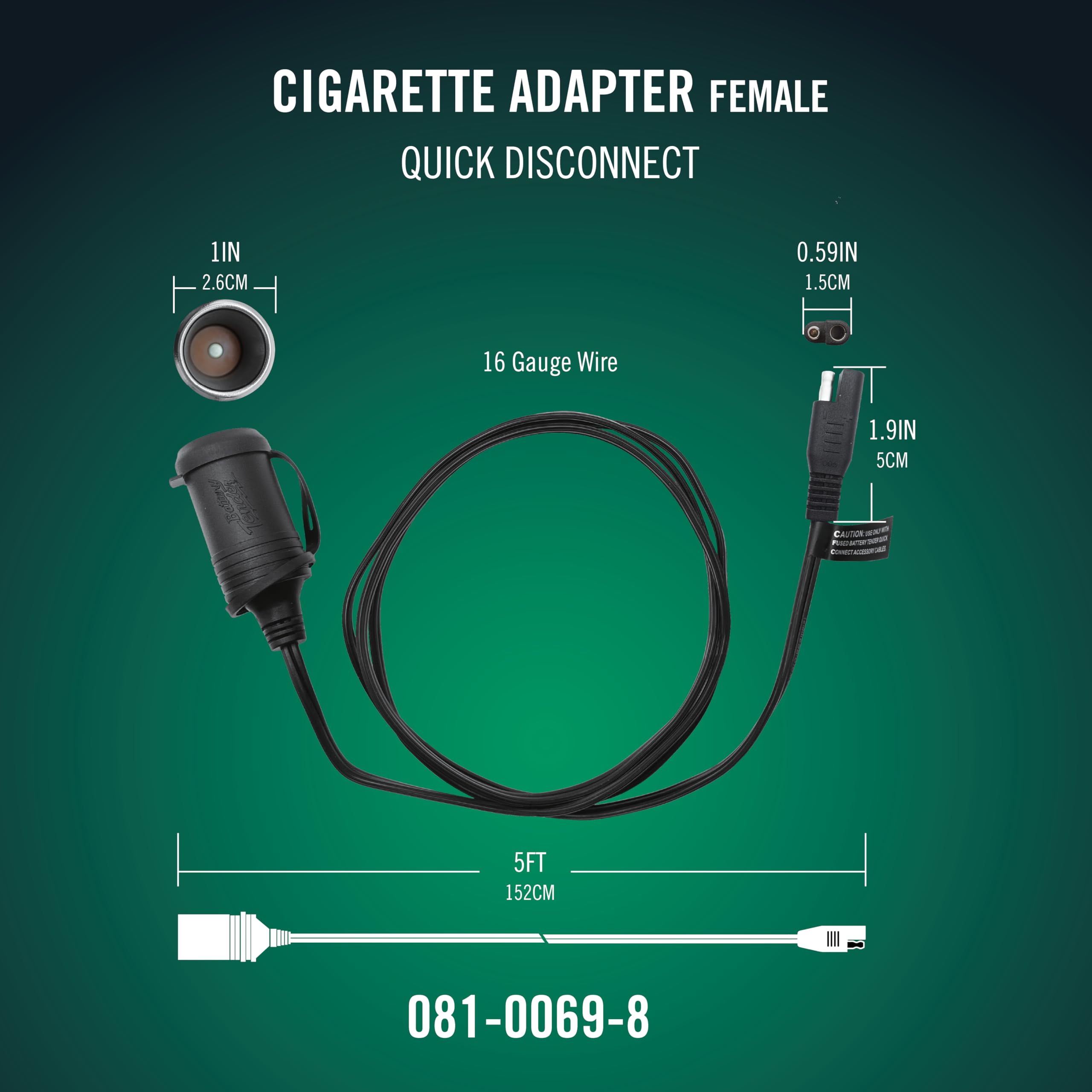Battery Tender Female Cigarette Adapter Accessory Cable - 12 Volt Lighter Socket With 5 Foot Charging Cable For Battery To Batte