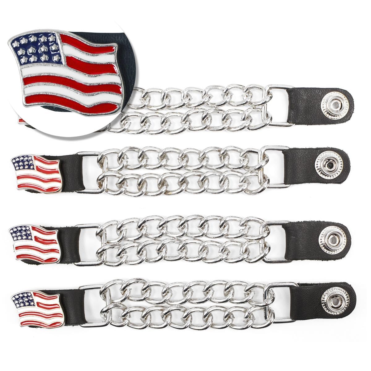 Milwaukee Leather American Flag Vest Extender - Double Chrome Chains Genuine Leather 6.5 Extension 4-PCS MLA6008SET - 4 Inch