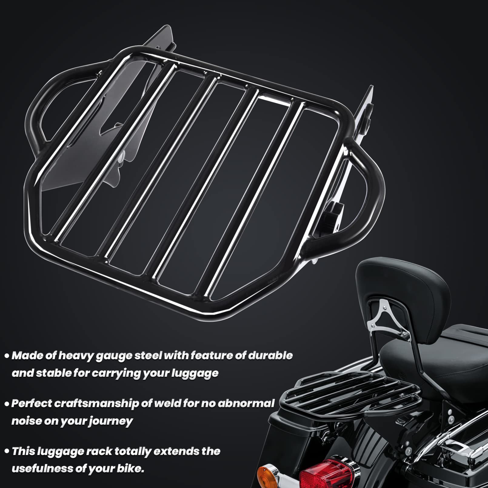 Benlari Gloss Black Detachable Luggage Rack 2-Up Mounting Rack Compatible For Harley Touring Road King Street Electra Glide 2009-2024 2021 2020 2019 2018 2017 2016 2015 2014 2013 2012 2011 2023