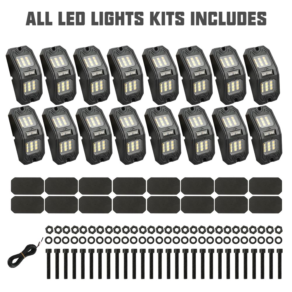 Sunpie 16 Pods Wide Angle Pure White Rock Lights 6000K For Off Road Truck Car Atv Utv Suv Motorcycle Under Body Glow Light Lamp,