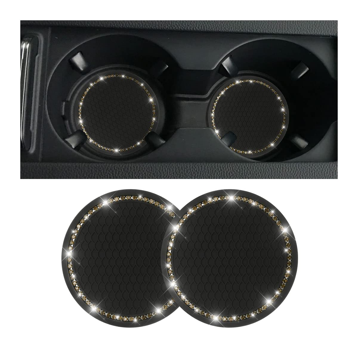Car Cup Holder Coaster, 2 Pcs Universal Bling Crystal Rhinestone Car Accessories 2.75 Inch Auto Anti Slip Cup Holder Insert Mat Pad Set,Suitable For Most Car Interior (Black/Gray)