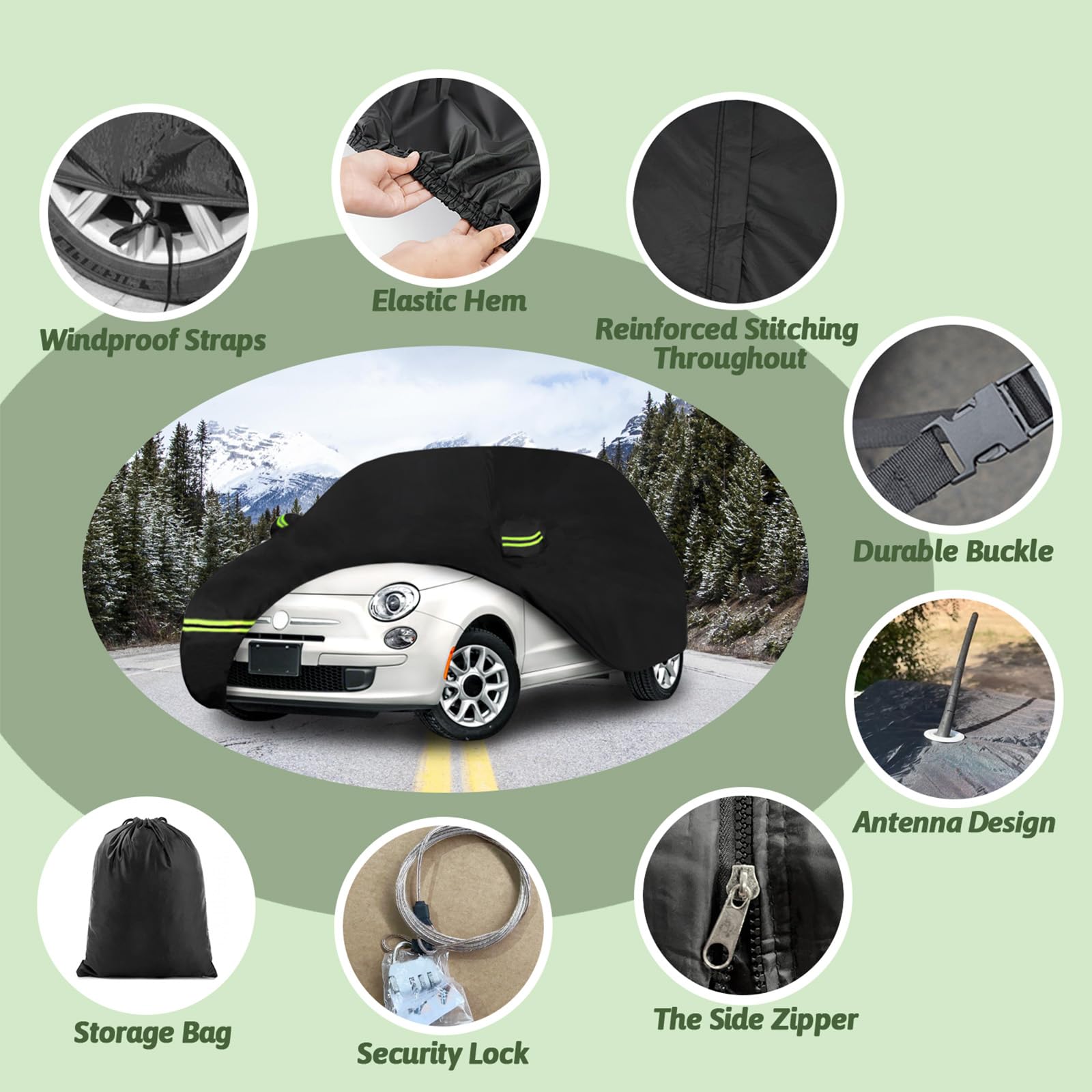 Car Cover For 2007-2025 Fiat 500/500C/500E Abarth/New Fiat 500 (Hatchback/Cabrio/3+1), 210T Waterproof Sun Rain Dust Snow Protec