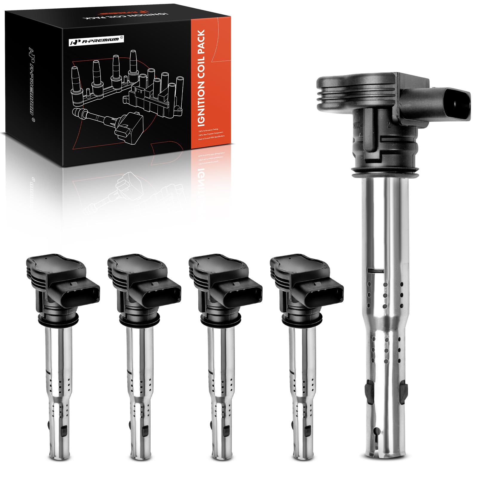 A-Premium Ignition Coil Pack Set Of 5 Compatible With Audi A3 2004-2013 A4 2005-2016 Volkswagen Jetta 2005-2015 Tiguan 2009-2017