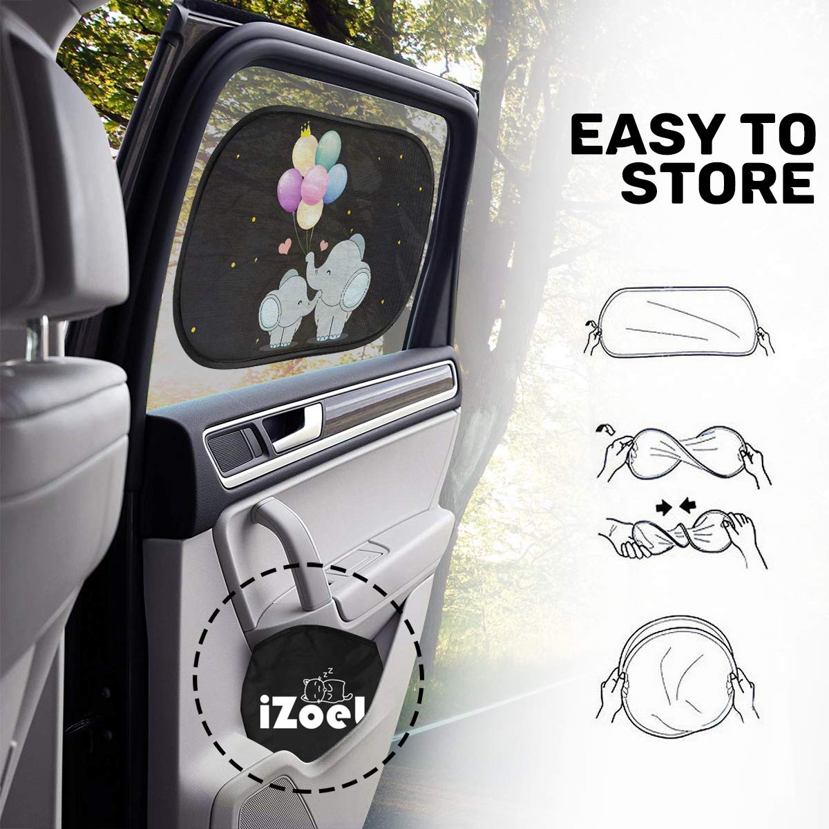 Izoel Car Sun Shade For Baby Kids 2 Pack Static Cling Side Window Car 110Gsm Rear Sunshades Universal With Storage Bag - Sun Glare And Uv Rays Protection For Your Child (Elephant)