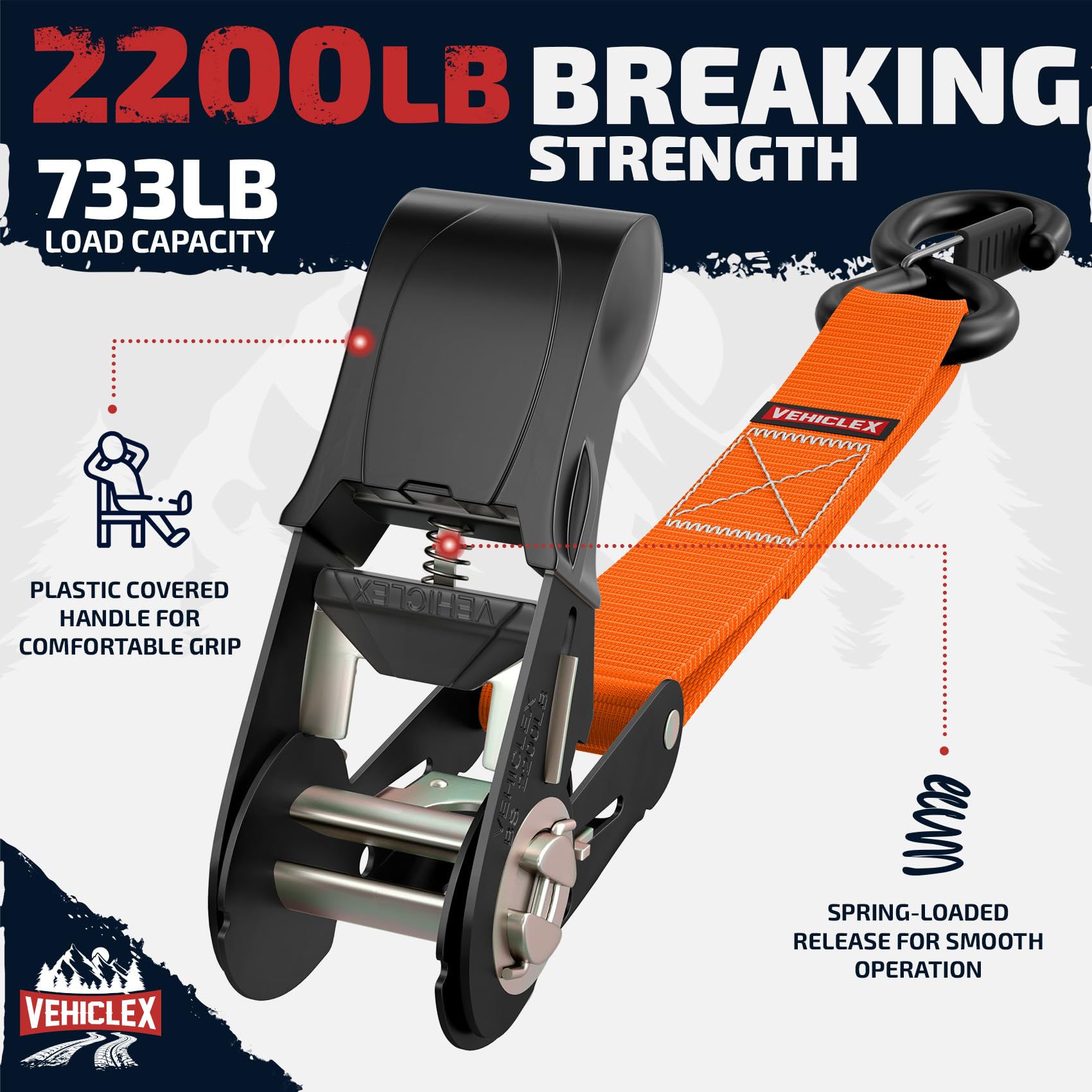 Vehiclex 4 Ratchet Straps Set (1'' x 15', 2200lbs Breaking Strength) - Soft Loops, Coated S-Hooks, Comfortable Handle, Storage B