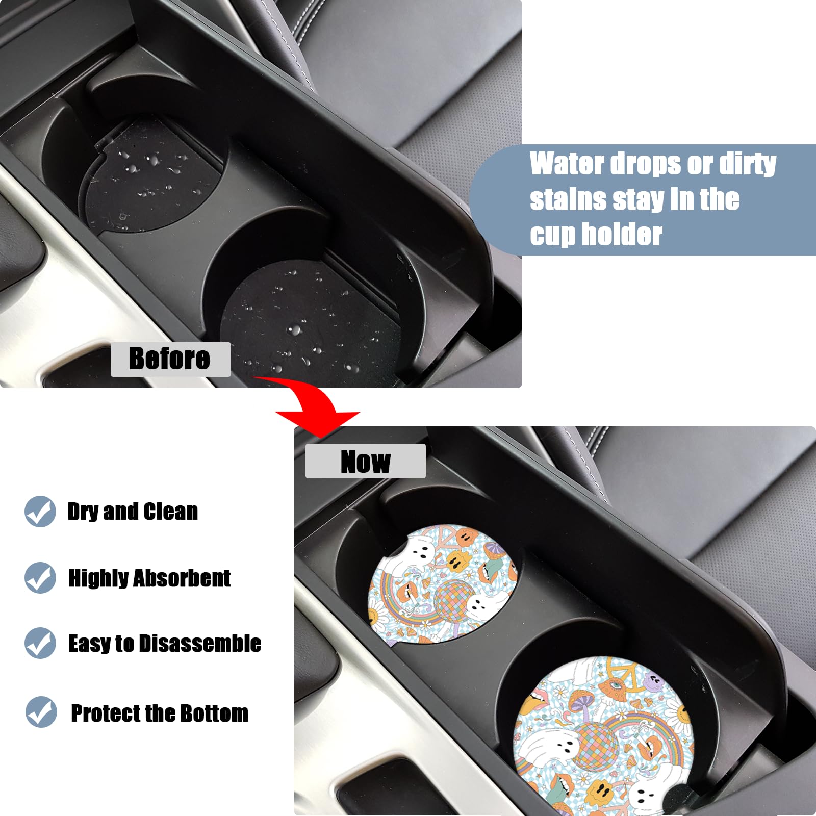 Funny Ghost Car Cup Holder Coaster -Halloween Absorbent Ceramic Coaster, Car Coasters for Cup Holders, Auto Accessories for Wome