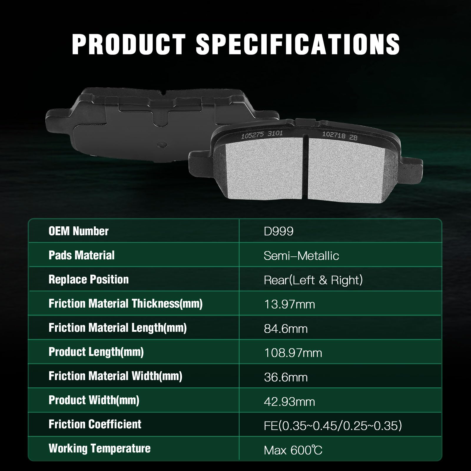 Automuto 8Pcs Front & Rear Disc Brake Pads Set D999 D1159 For Buick Allure 2009,For Buick Lacrosse 2009,For Chevrolet Impala 201